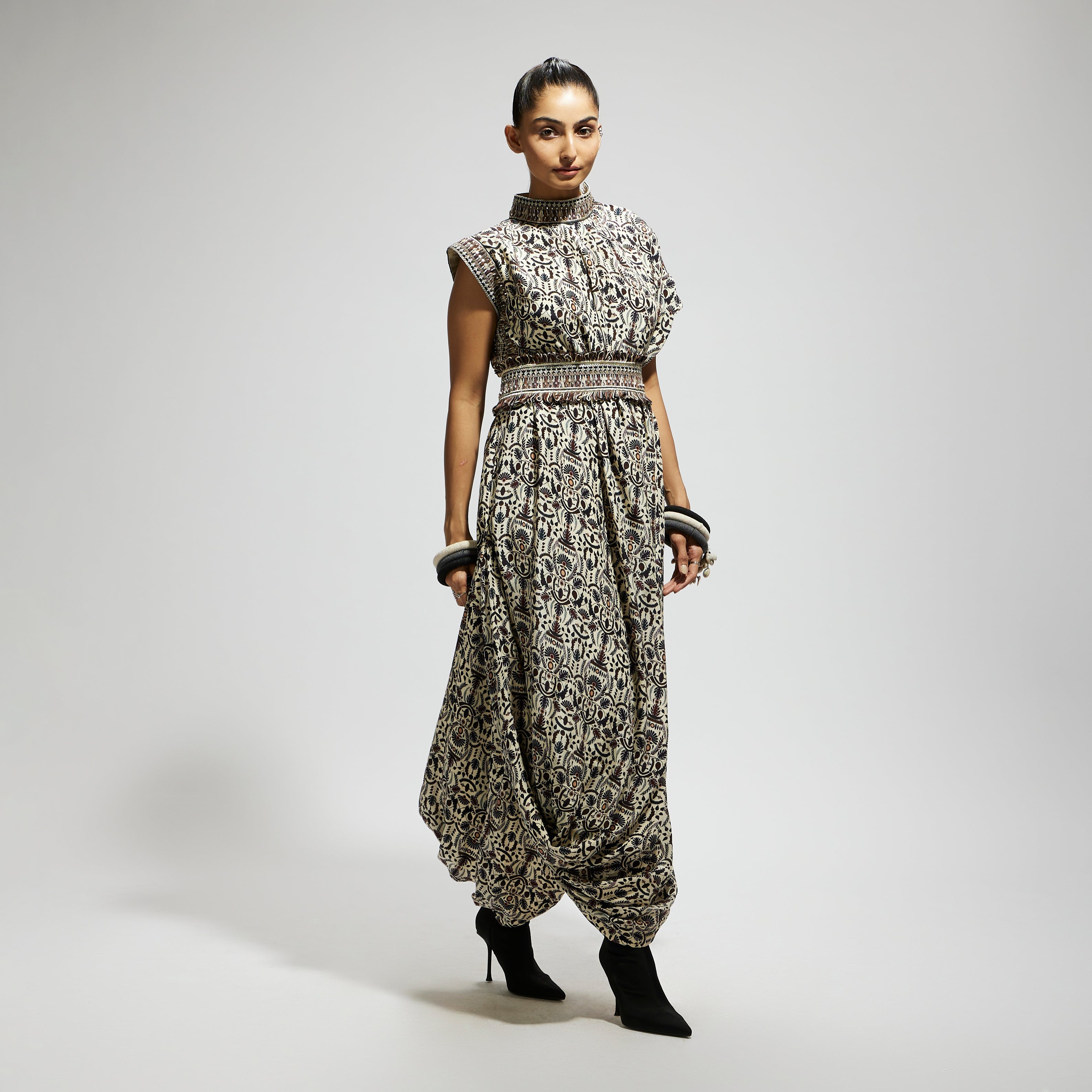 WHITE PRINTED COWL DRESS TEAMED WITH A BELT