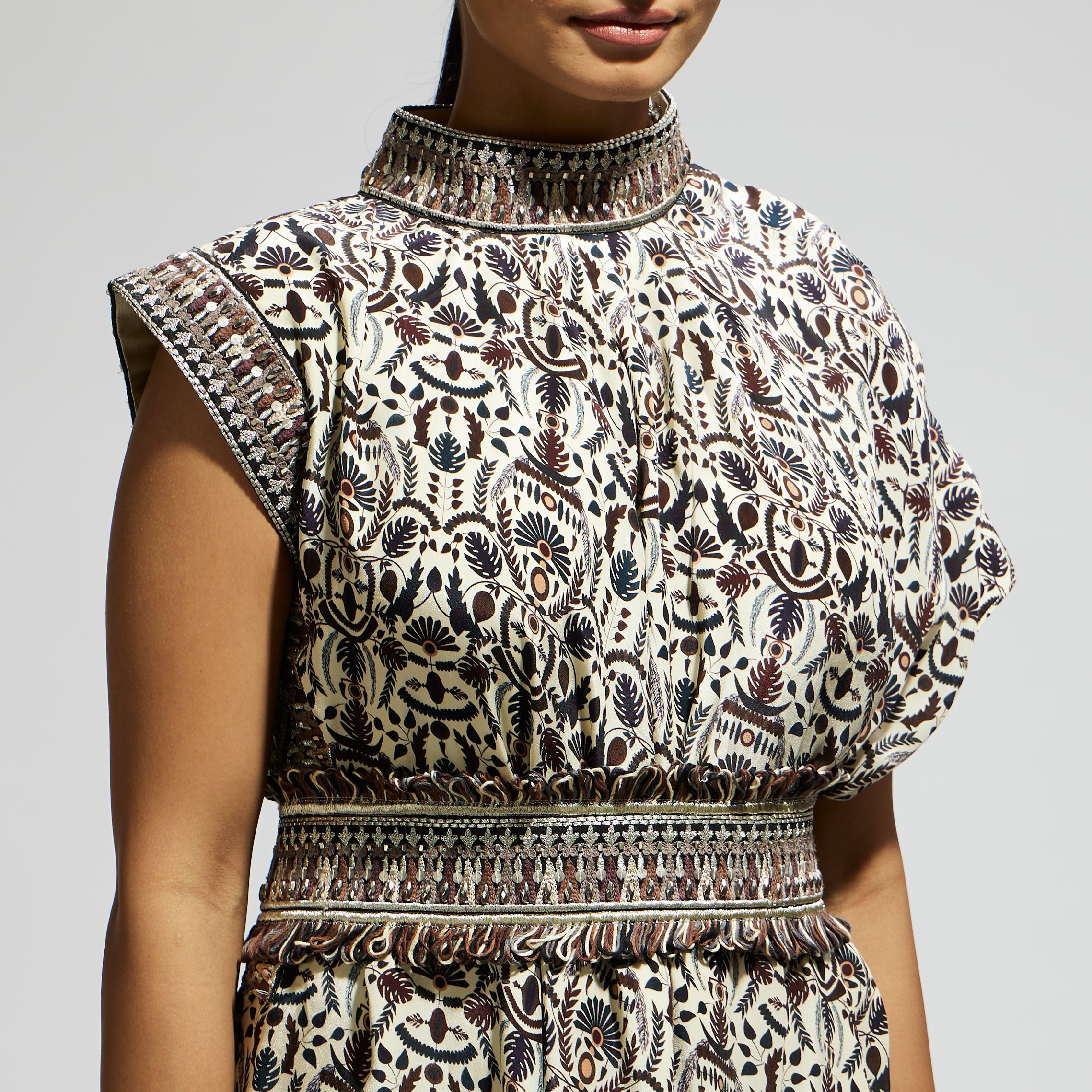 WHITE PRINTED COWL DRESS TEAMED WITH A BELT