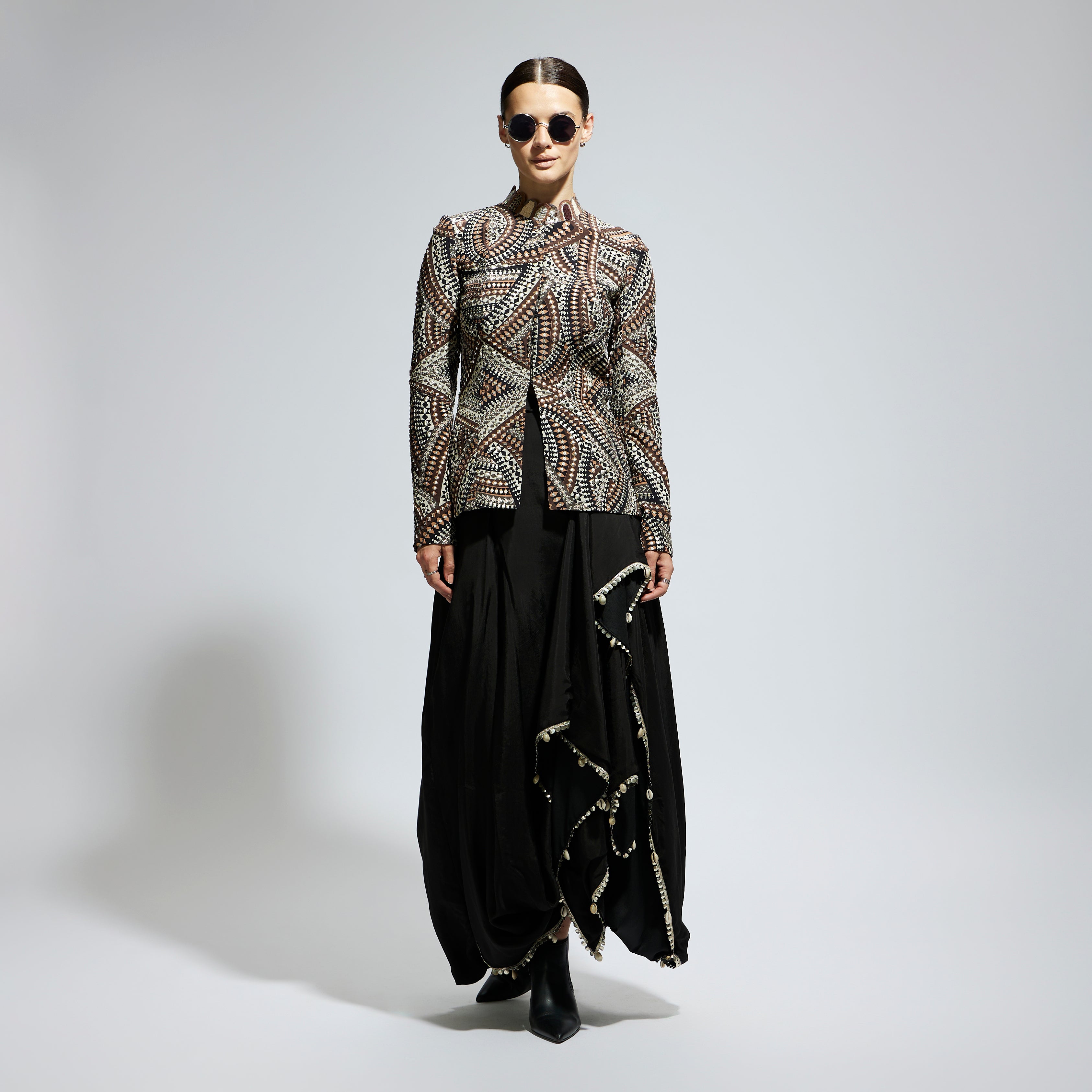 SAMSARA: ZENTANGLE EMBELLISHED JACKET PAIRED WITH BLACK SOLID NUSHRAT SKIRT