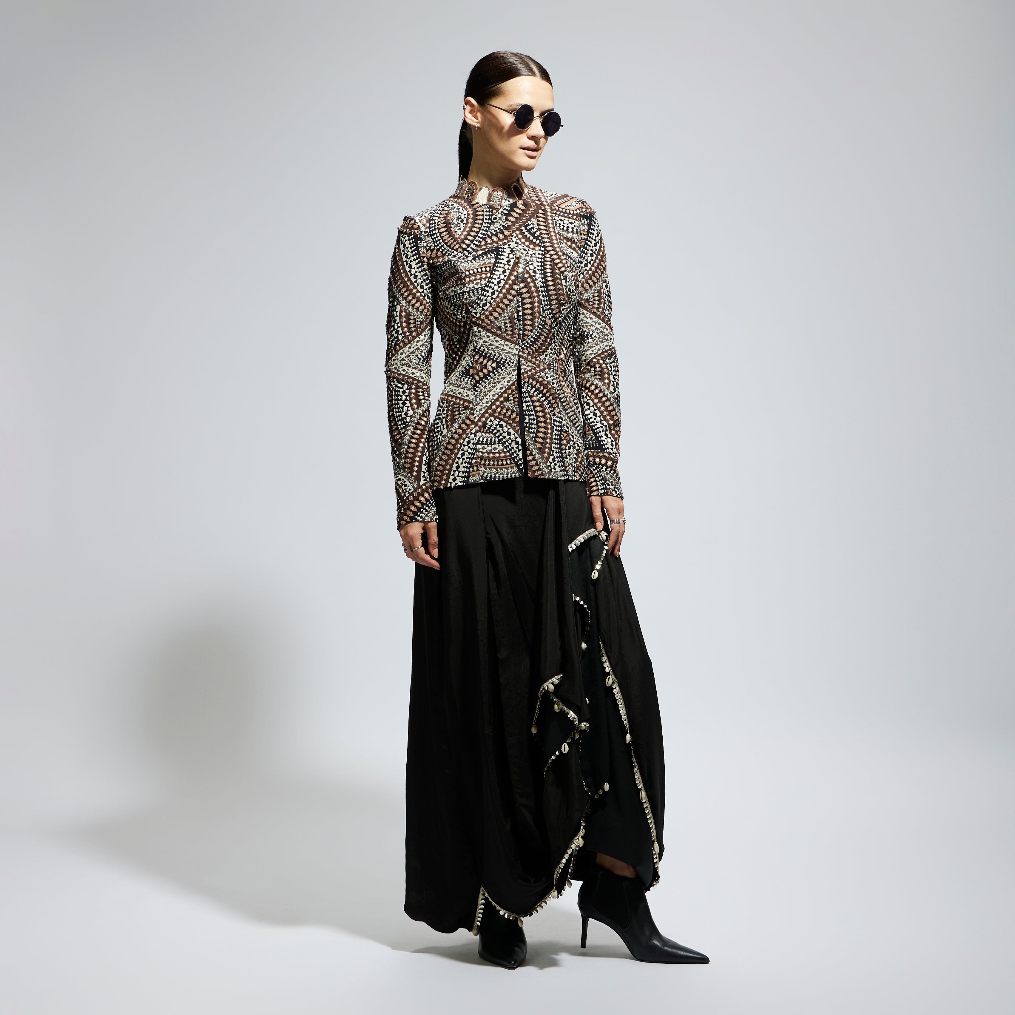 ZENTANGLE EMBELLISHED JACKET PAIRED WITH BLACK SOLID NUSHRAT SKIRT