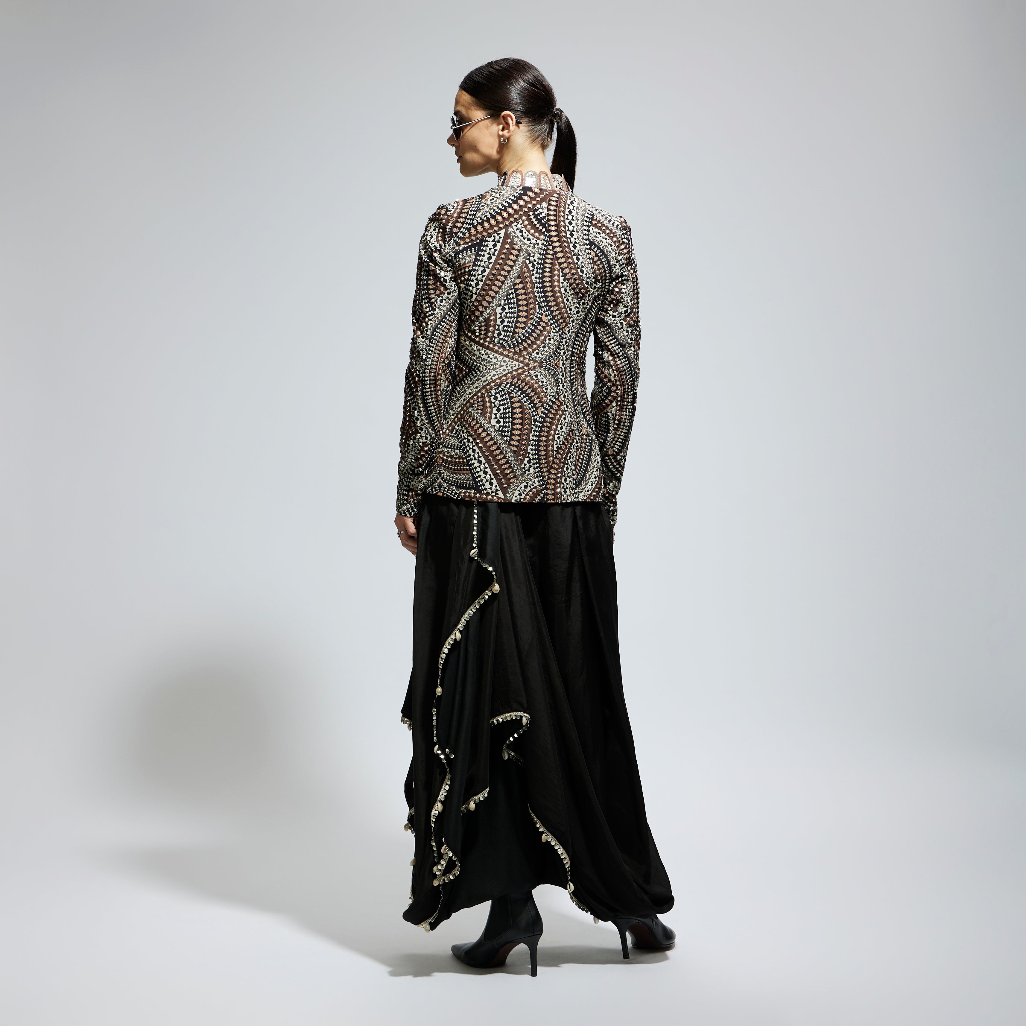 ZENTANGLE EMBELLISHED JACKET PAIRED WITH BLACK SOLID NUSHRAT SKIRT