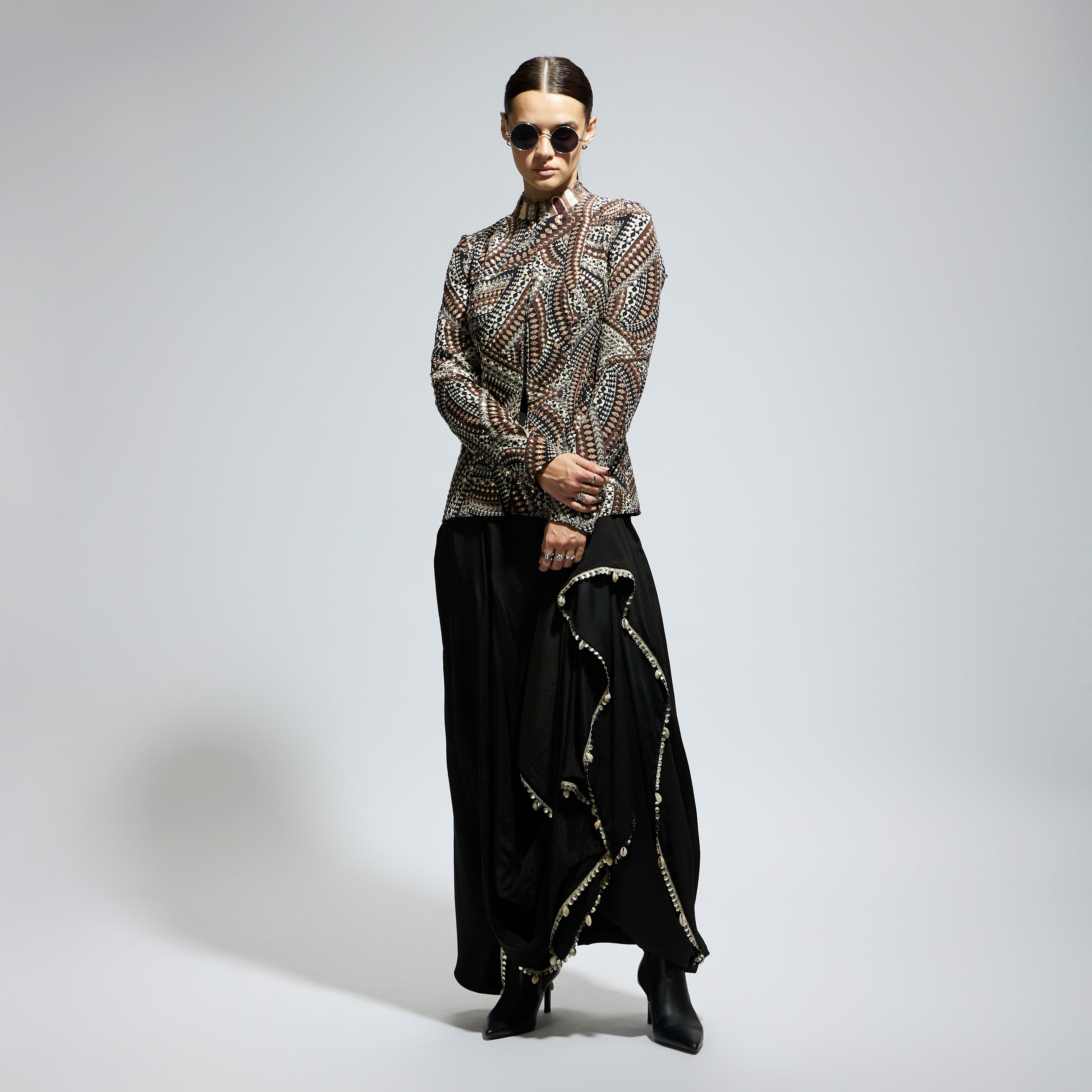 SAMSARA: ZENTANGLE EMBELLISHED JACKET PAIRED WITH BLACK SOLID NUSHRAT SKIRT