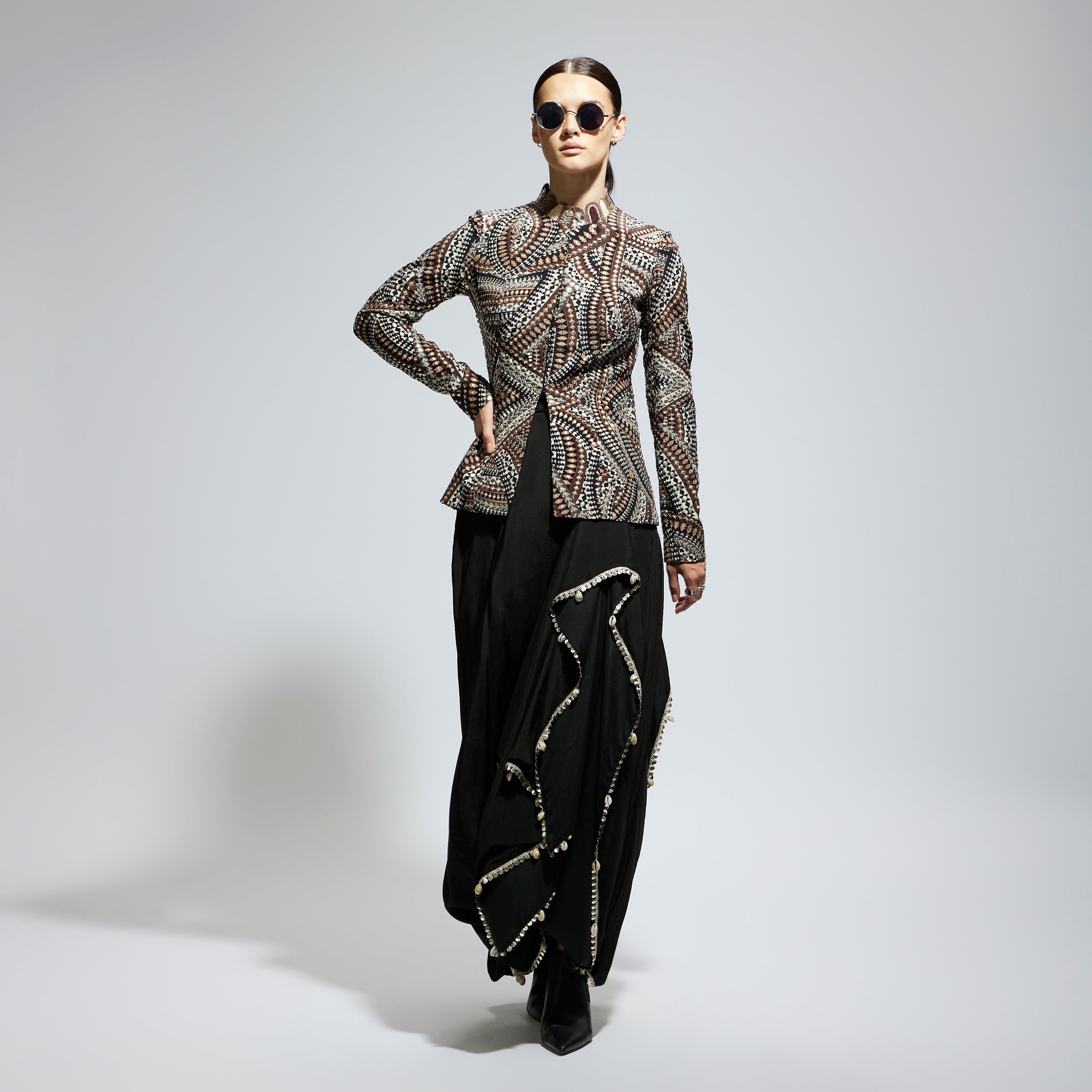 ZENTANGLE EMBELLISHED JACKET PAIRED WITH BLACK SOLID NUSHRAT SKIRT