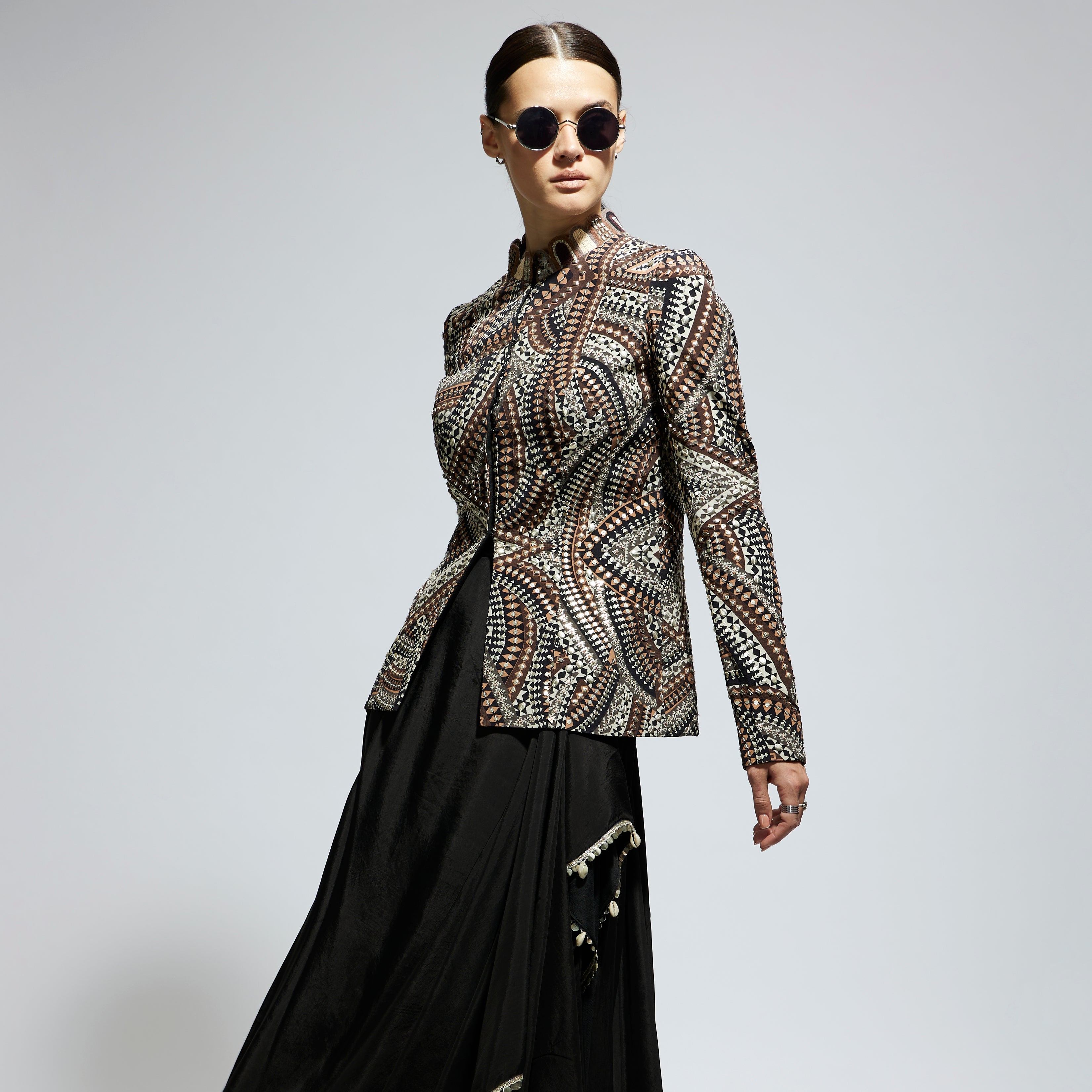 ZENTANGLE EMBELLISHED JACKET PAIRED WITH BLACK SOLID NUSHRAT SKIRT