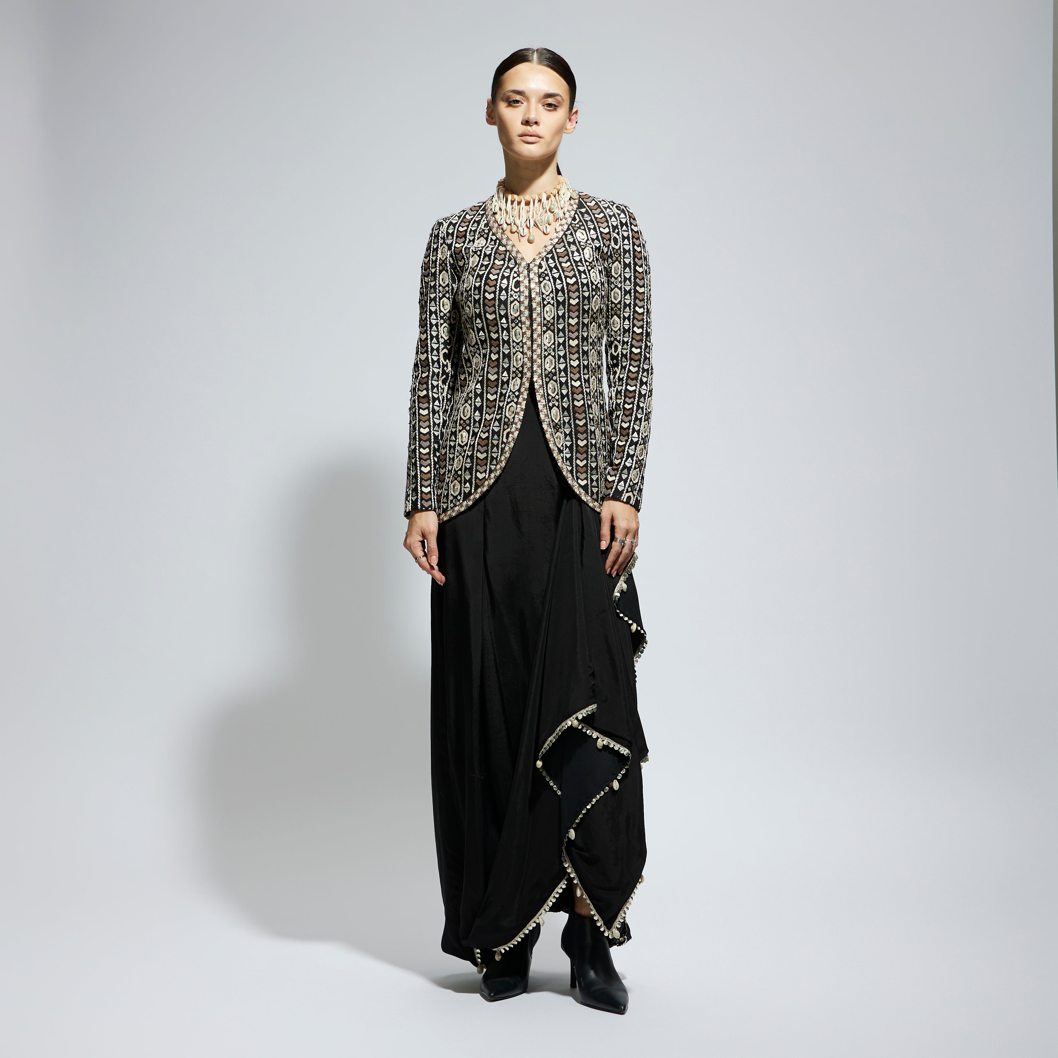 BLACK EMBELLISHED JACKET PAIRED WITH DRAPE SKIRT