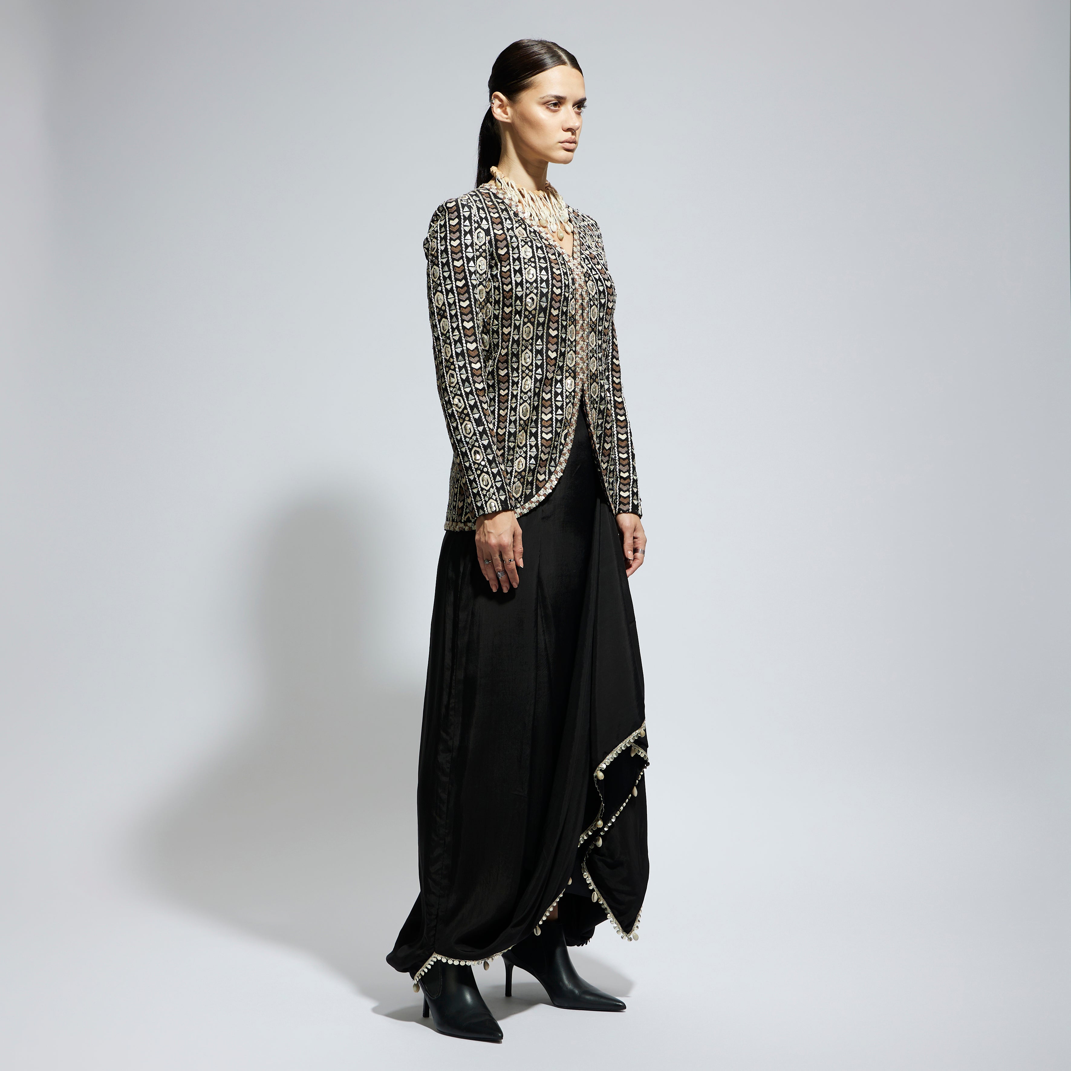 BLACK EMBELLISHED JACKET PAIRED WITH DRAPE SKIRT