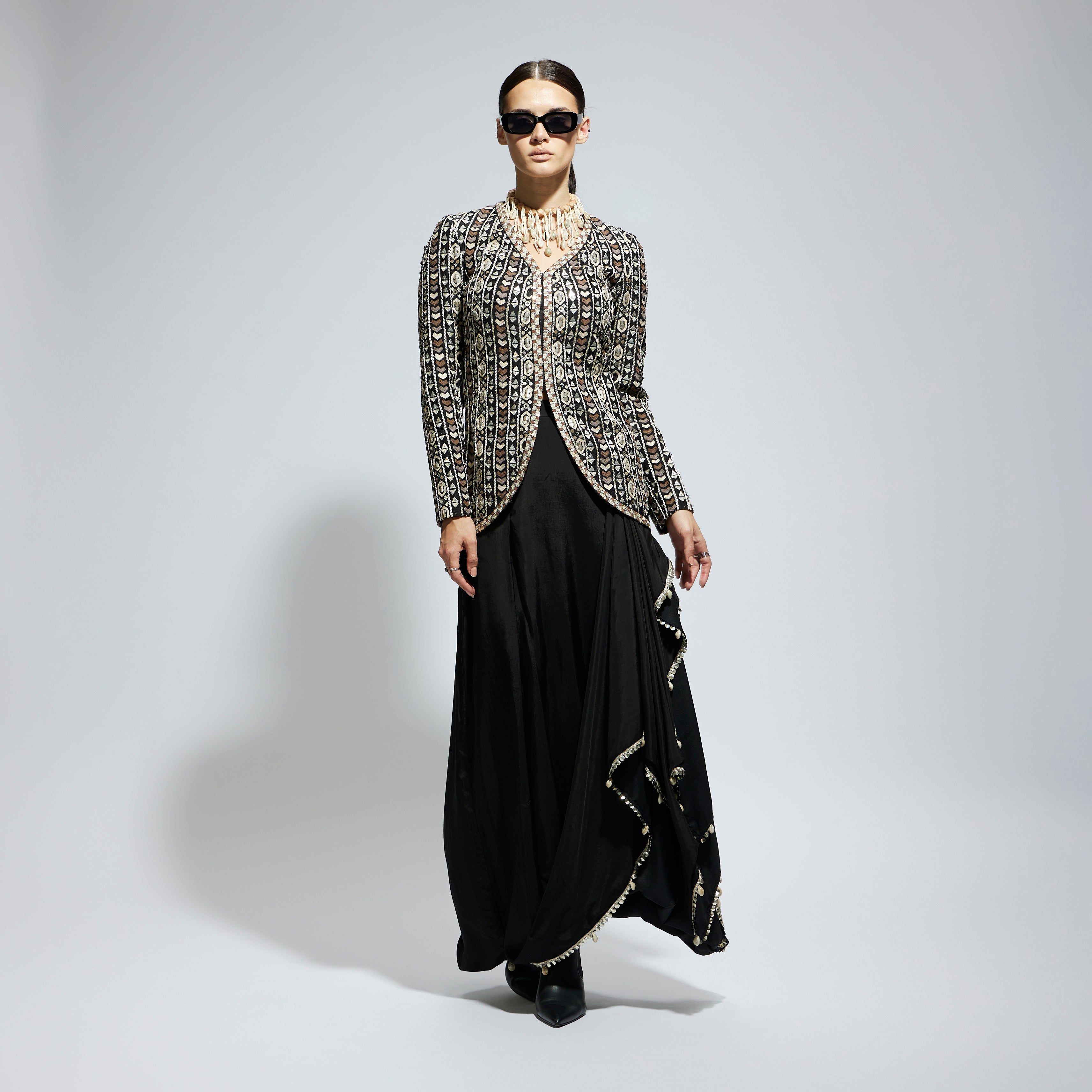 BLACK EMBELLISHED JACKET PAIRED WITH DRAPE SKIRT