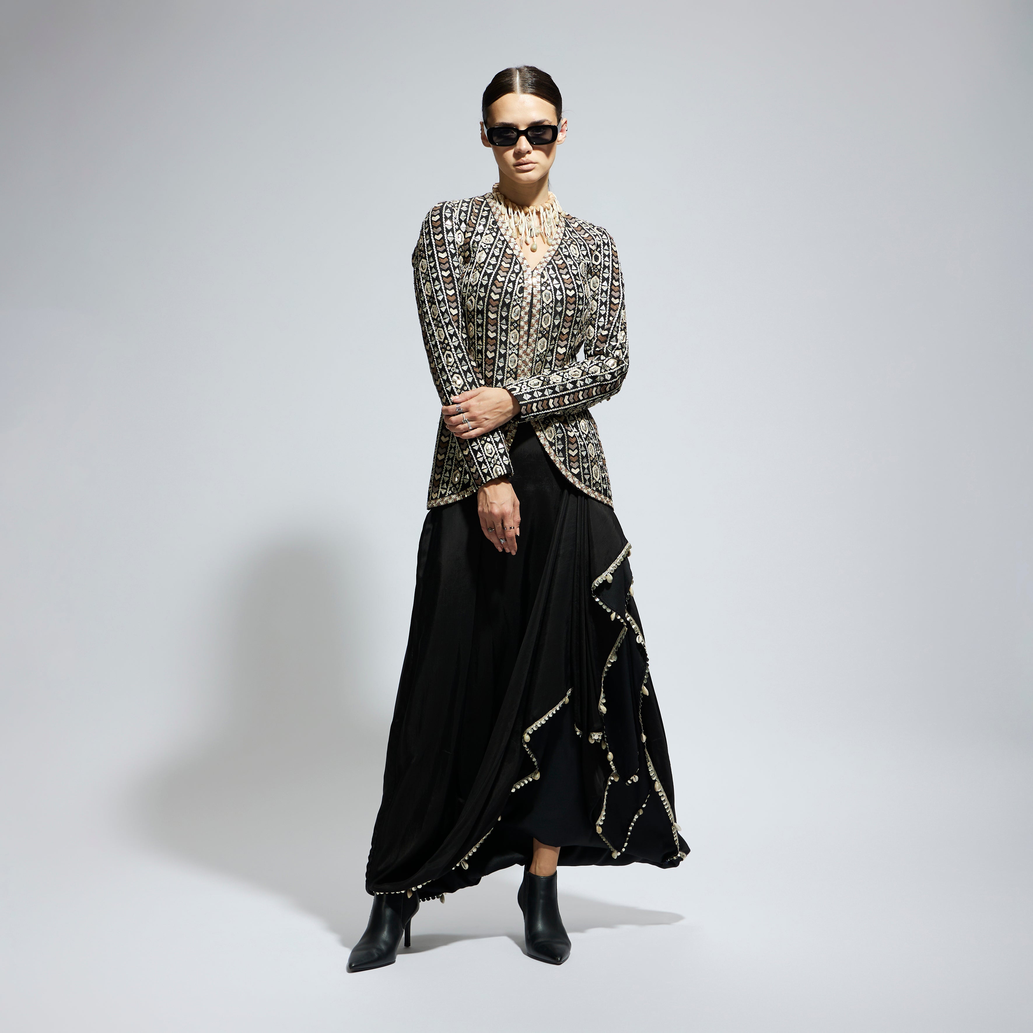 BLACK EMBELLISHED JACKET PAIRED WITH DRAPE SKIRT