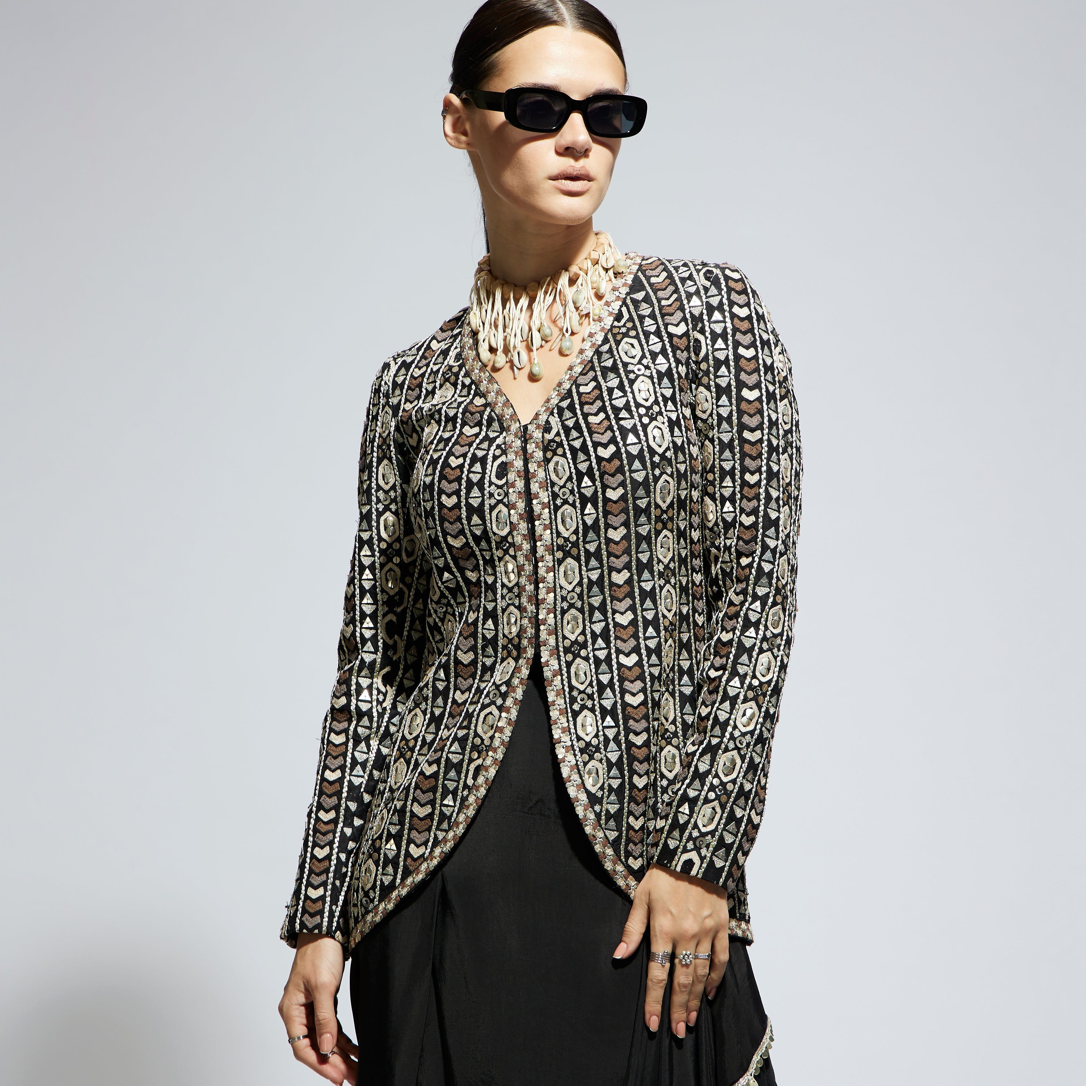 BLACK EMBELLISHED JACKET PAIRED WITH DRAPE SKIRT