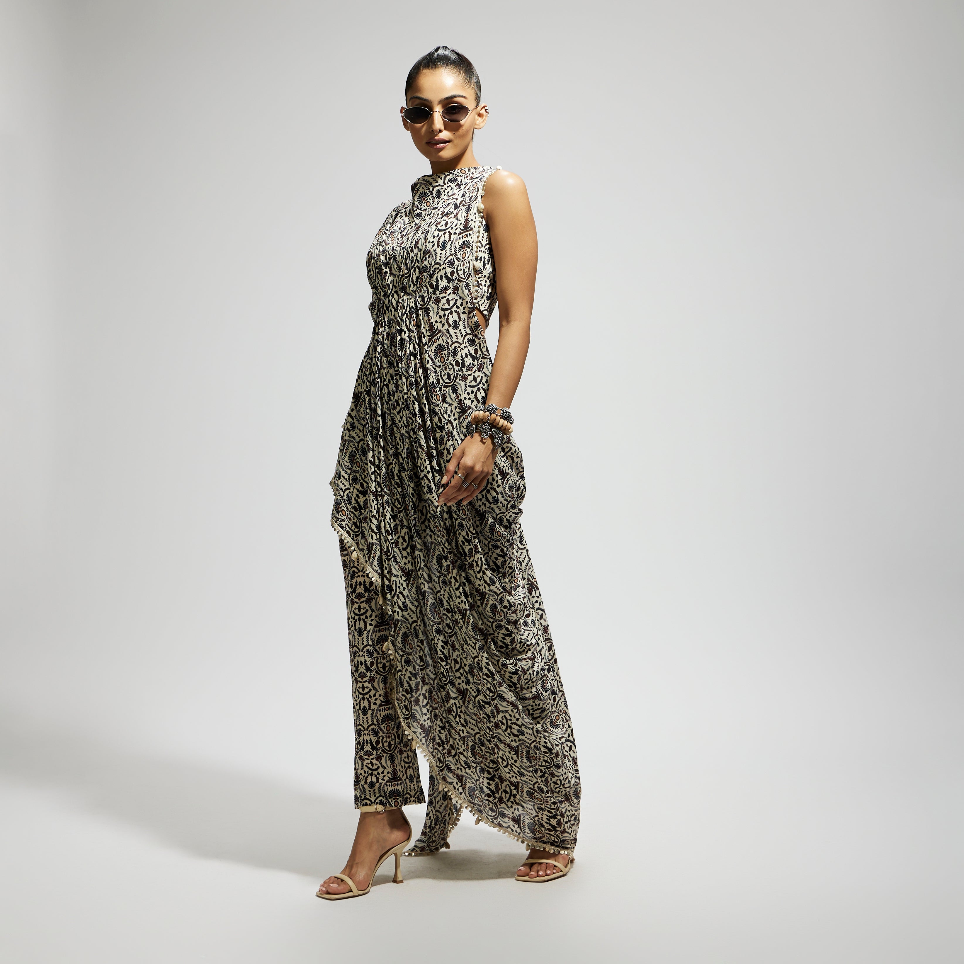 SAMSARA: WHITE JAAL PRINT CROP TOP WITH ATTACHED DRAPE WITH PANTS