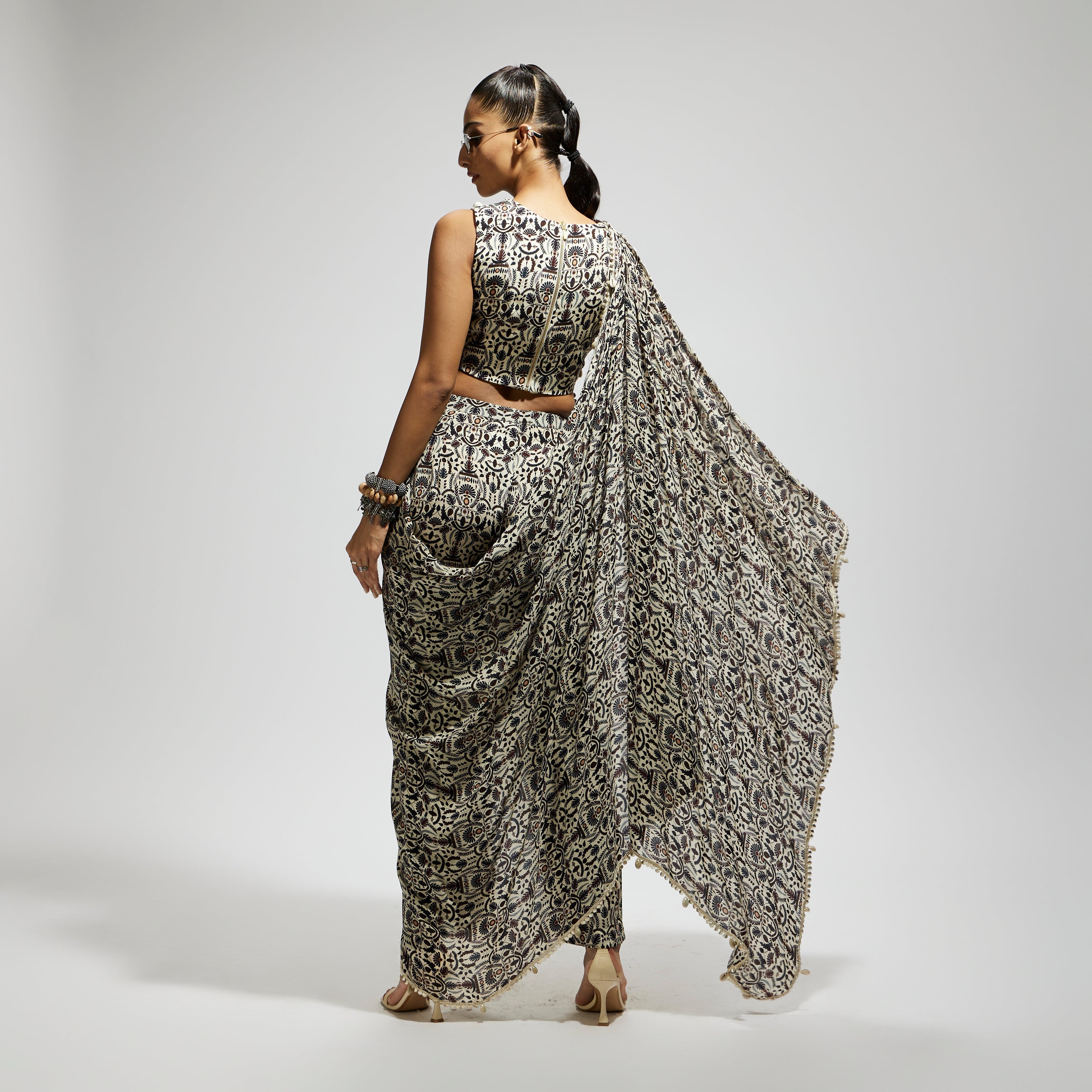 WHITE JAAL PRINT CROP TOP WITH ATTACHED DRAPE WITH PANTS