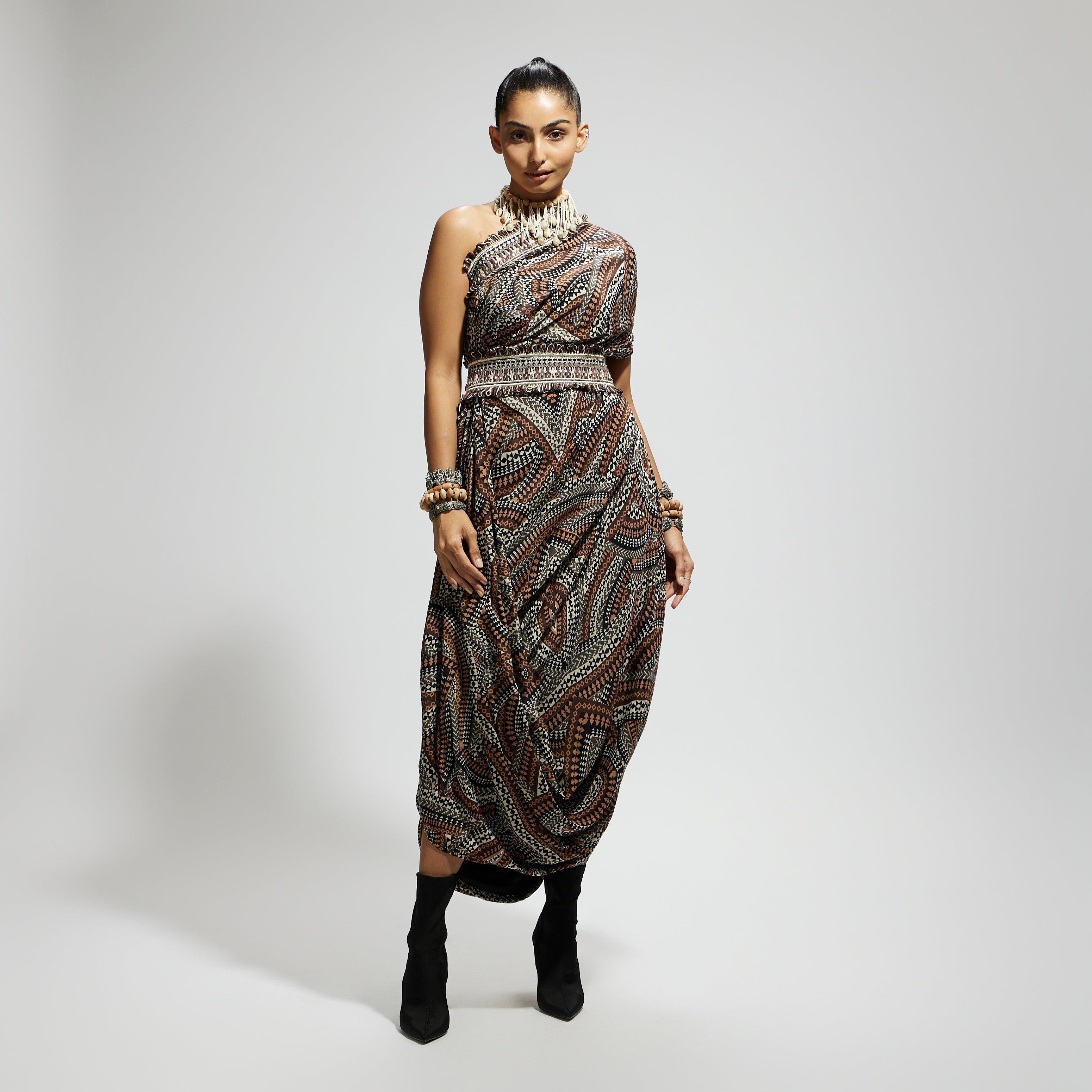 ZENTANGLE PRINTED ONE SHOULDER COWL DRESS TEAMED WITH A BELT