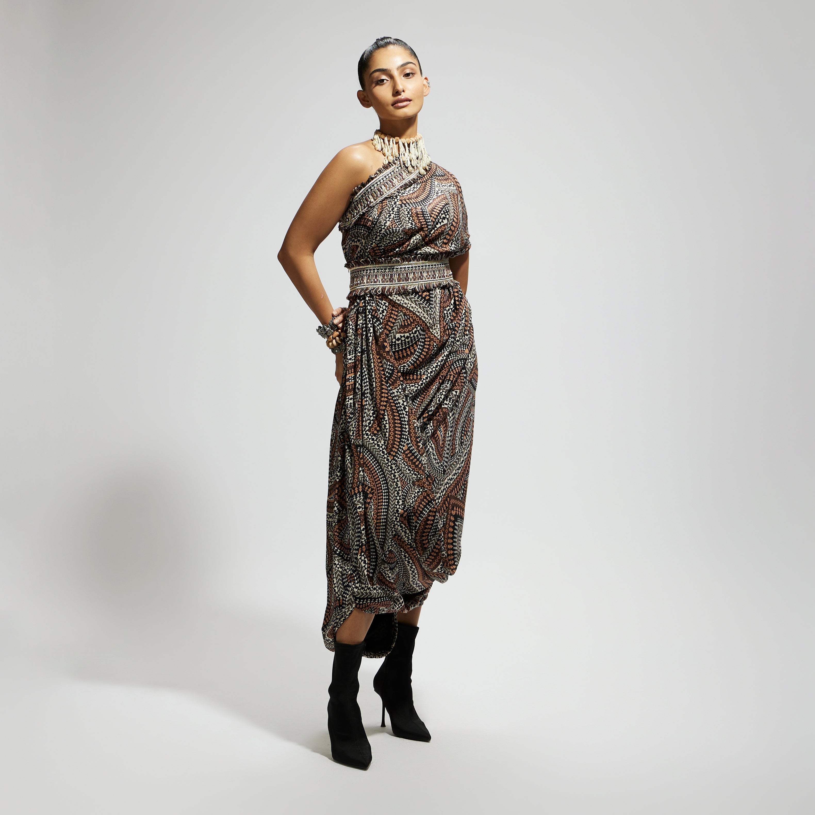 ZENTANGLE PRINTED ONE SHOULDER COWL DRESS TEAMED WITH A BELT