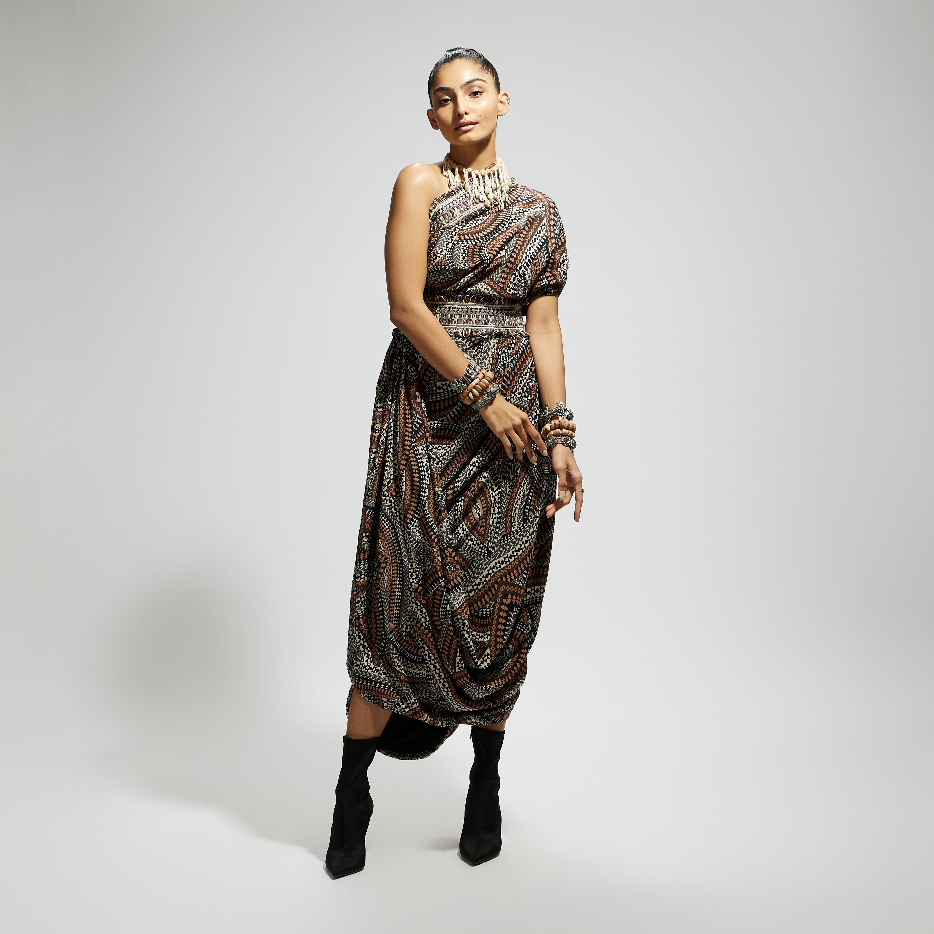 ZENTANGLE PRINTED ONE SHOULDER COWL DRESS TEAMED WITH A BELT