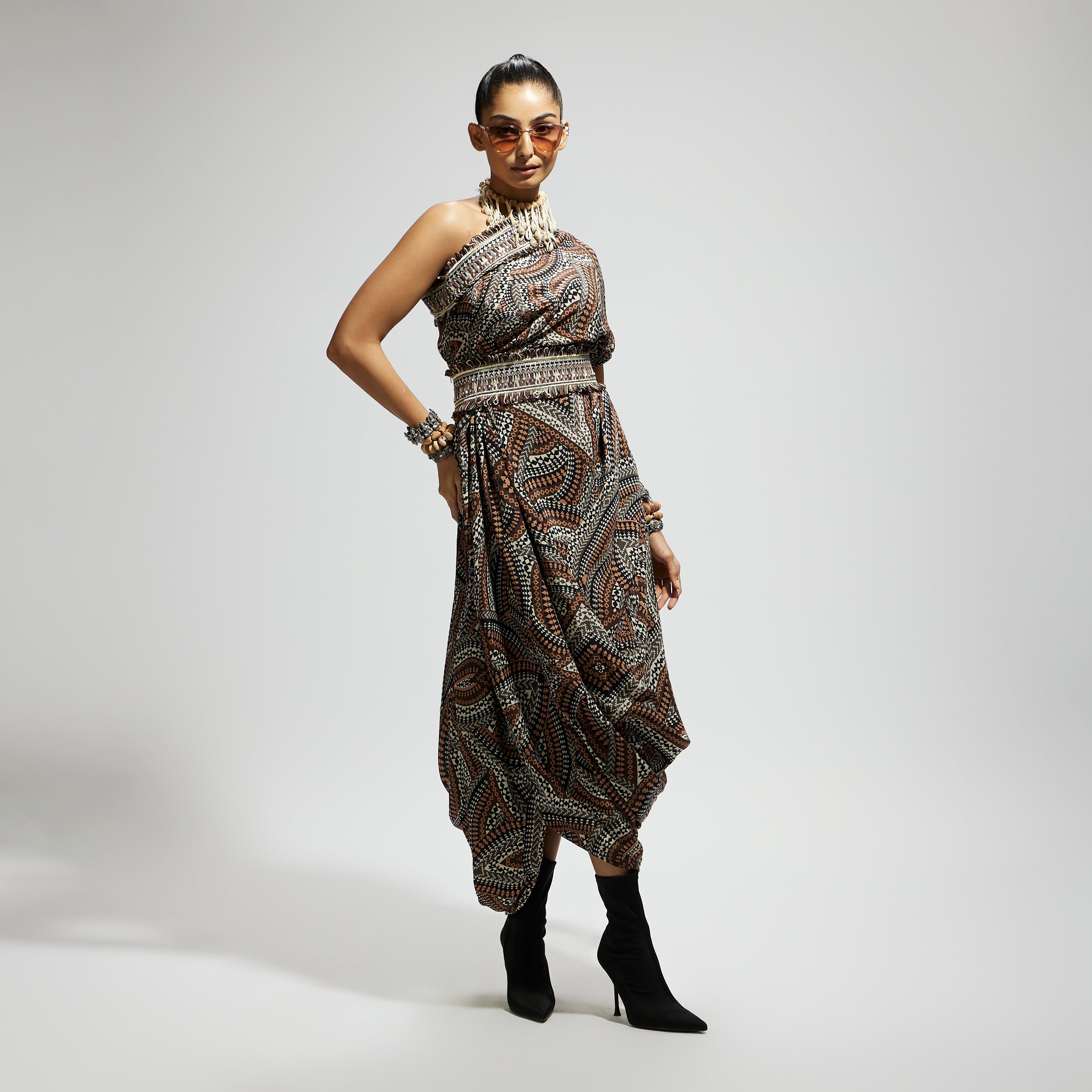 ZENTANGLE PRINTED ONE SHOULDER COWL DRESS TEAMED WITH A BELT