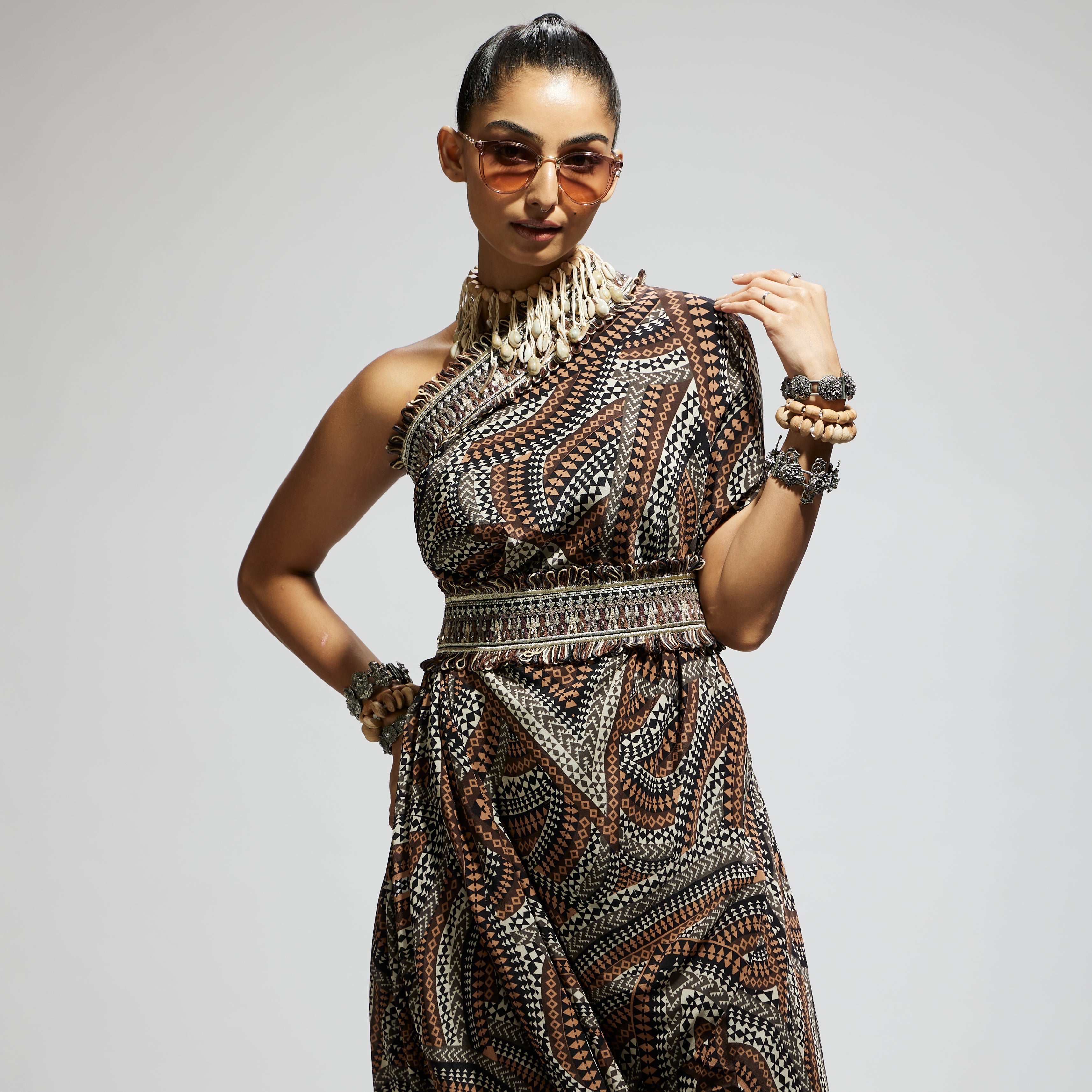 ZENTANGLE PRINTED ONE SHOULDER COWL DRESS TEAMED WITH A BELT