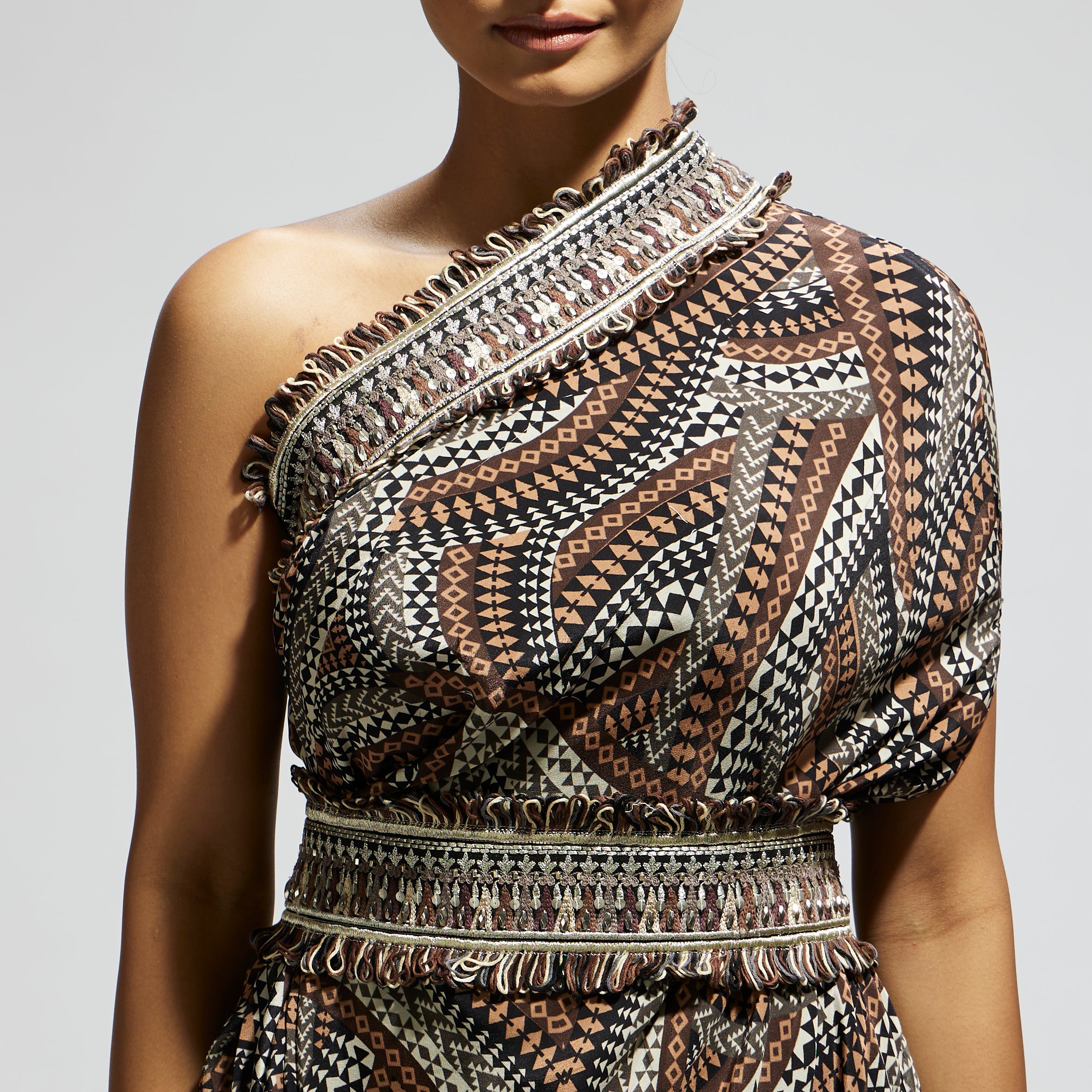 ZENTANGLE PRINTED ONE SHOULDER COWL DRESS TEAMED WITH A BELT