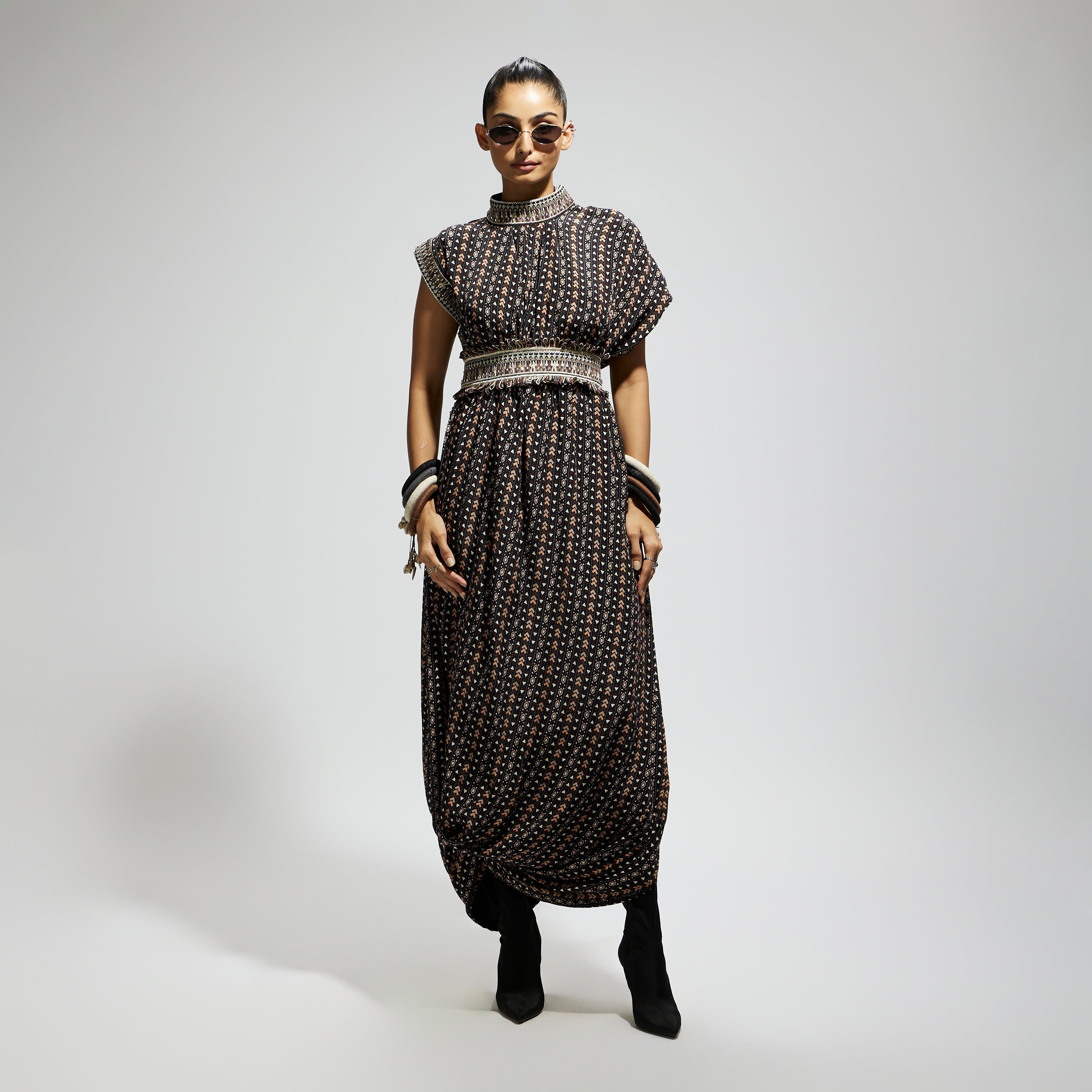 BLACK BOHO PRINT STRIPE PRINT COWL DRESS TEAMED WITH A BELT