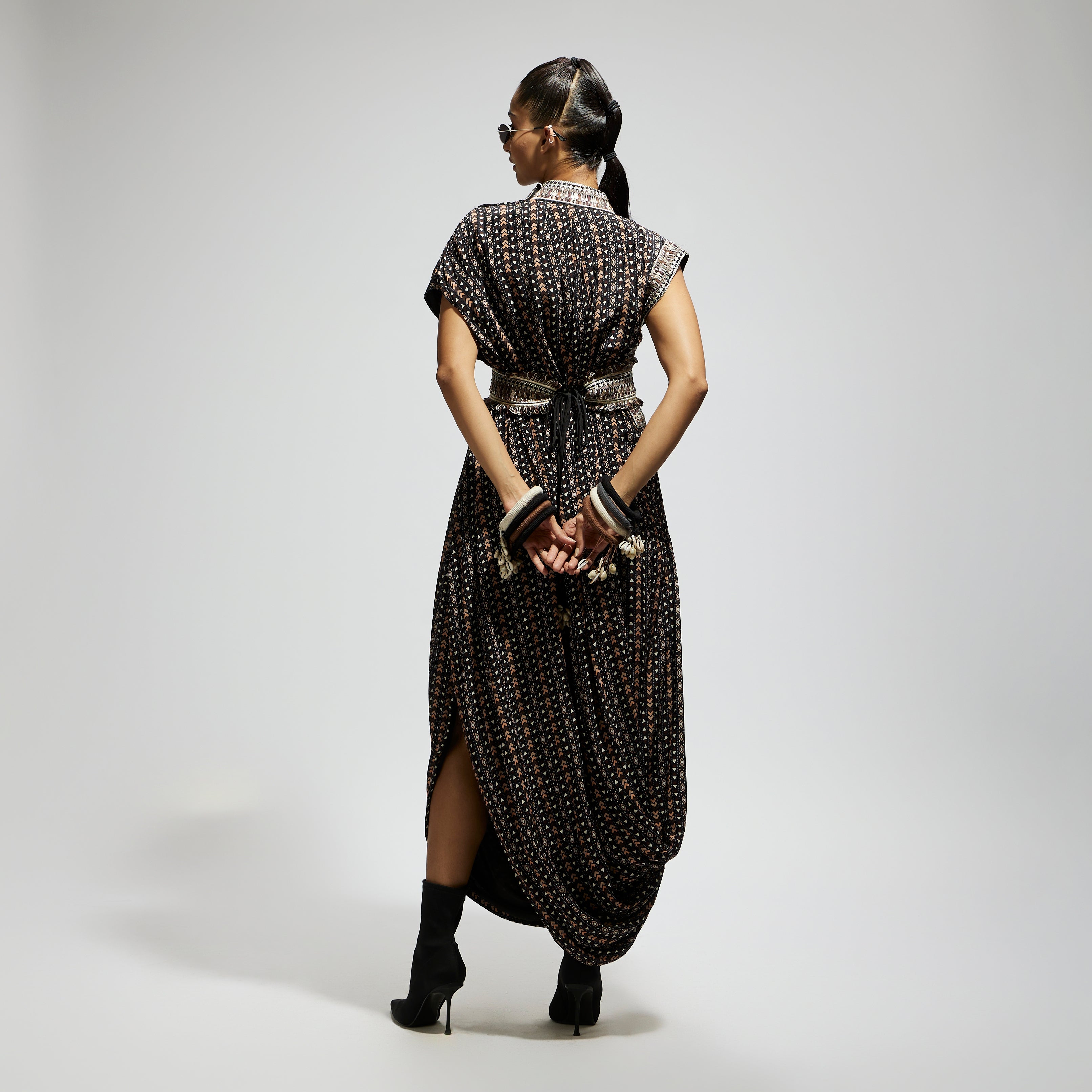 BLACK BOHO PRINT STRIPE PRINT COWL DRESS TEAMED WITH A BELT