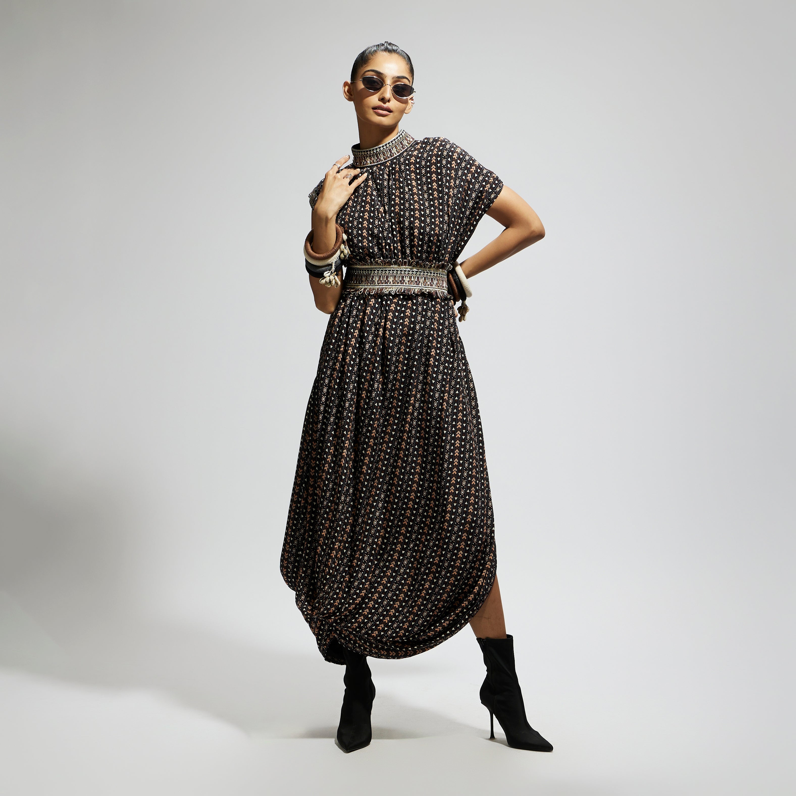 BLACK BOHO PRINT STRIPE PRINT COWL DRESS TEAMED WITH A BELT