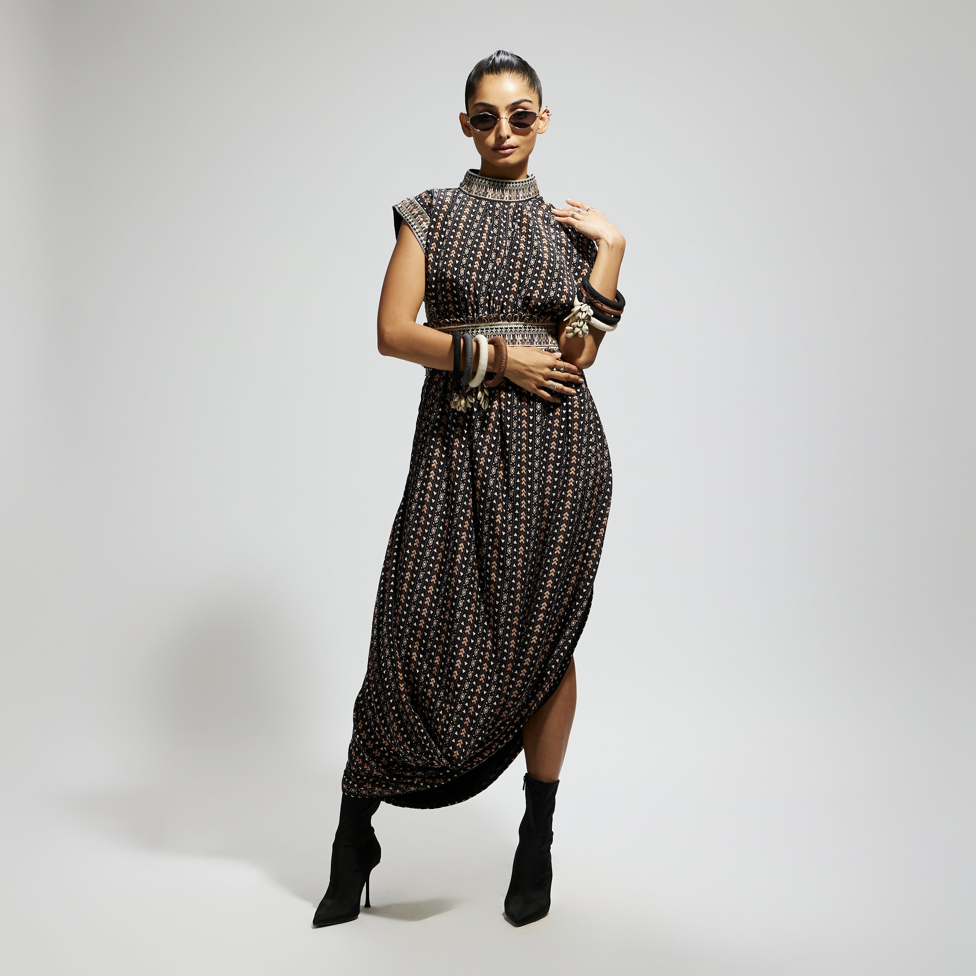 BLACK BOHO PRINT STRIPE PRINT COWL DRESS TEAMED WITH A BELT