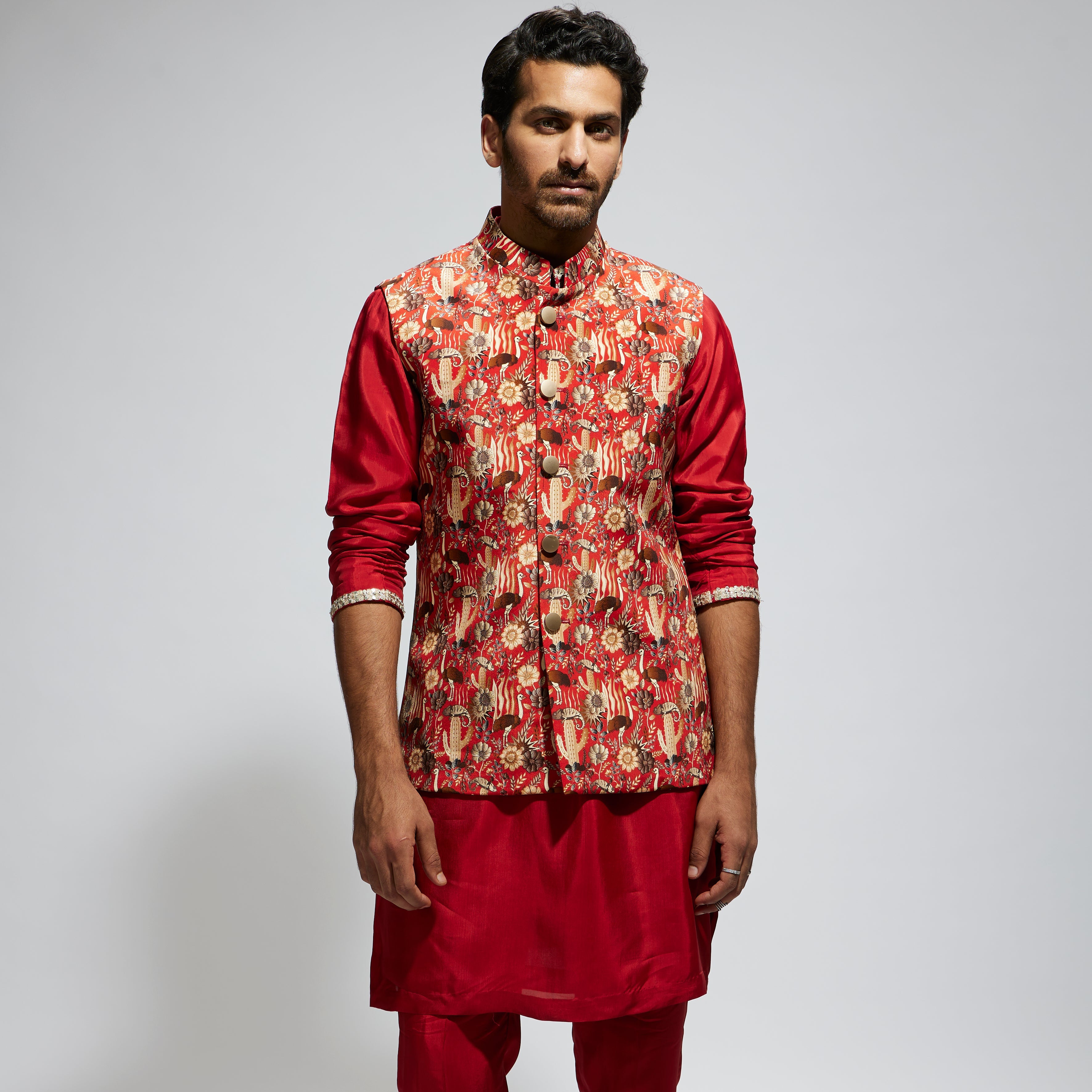 ORANGE JAAL PRINTED BUNDI WITH ORANGE SOLID KURTA WITH PANTS