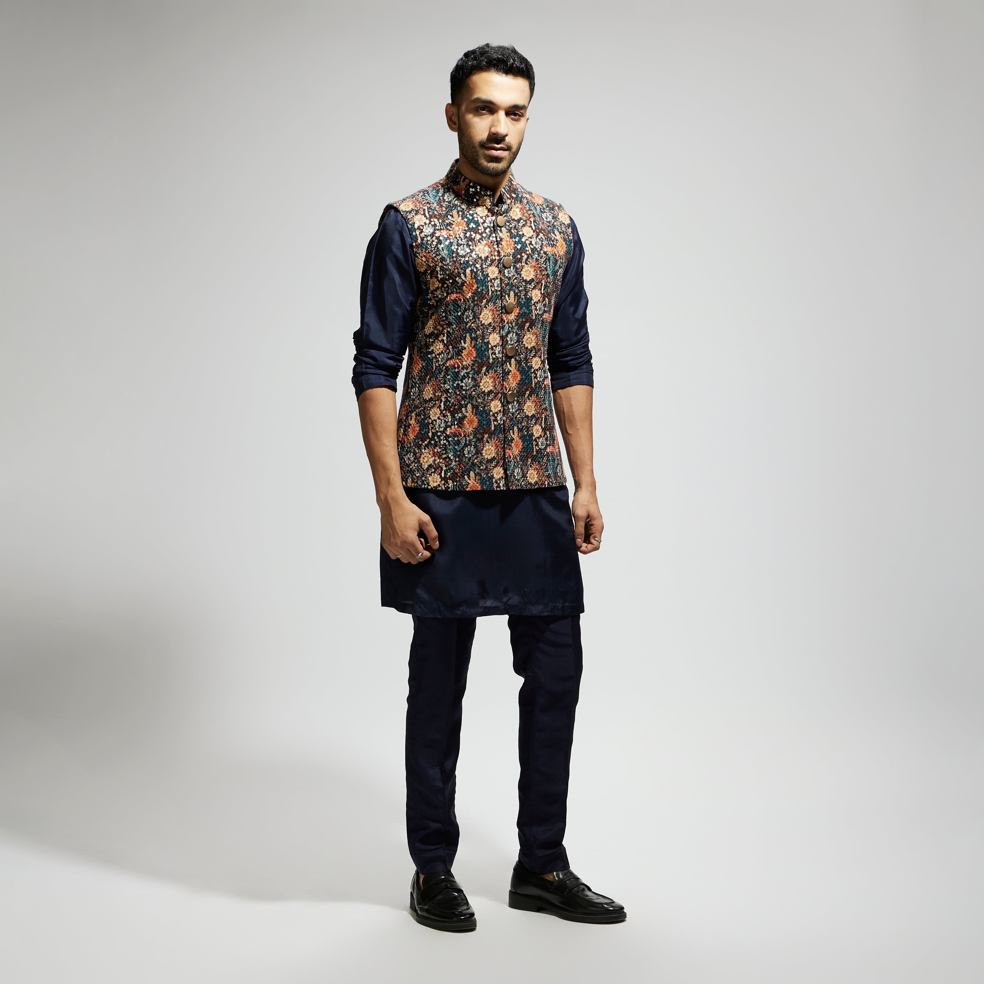 BLUE JAAL EMBELLISHED BUNDI PAIRED WITH SOLID BLUE KURTA AND PANTS