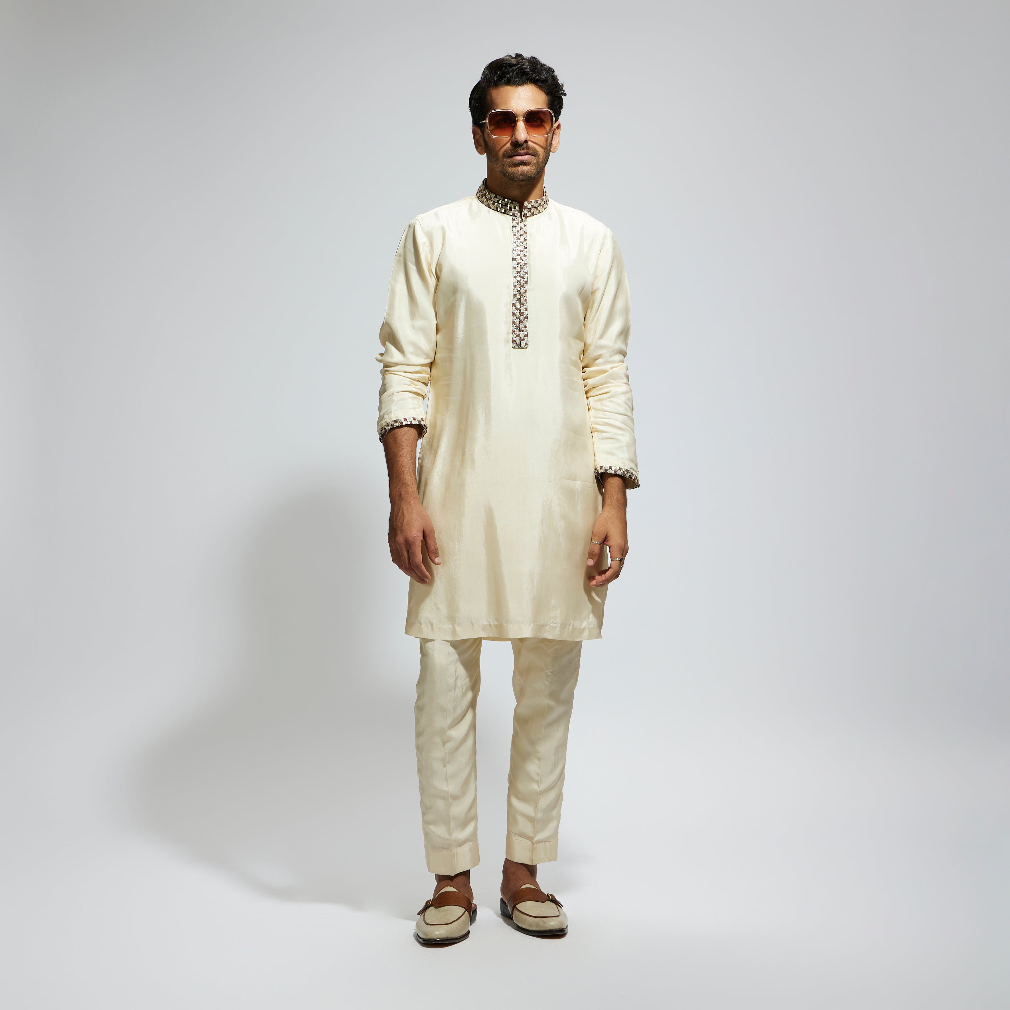 BEIGE SOLID KURTA WITH EMBELLISHED COLLAR AND KURTA PATTI