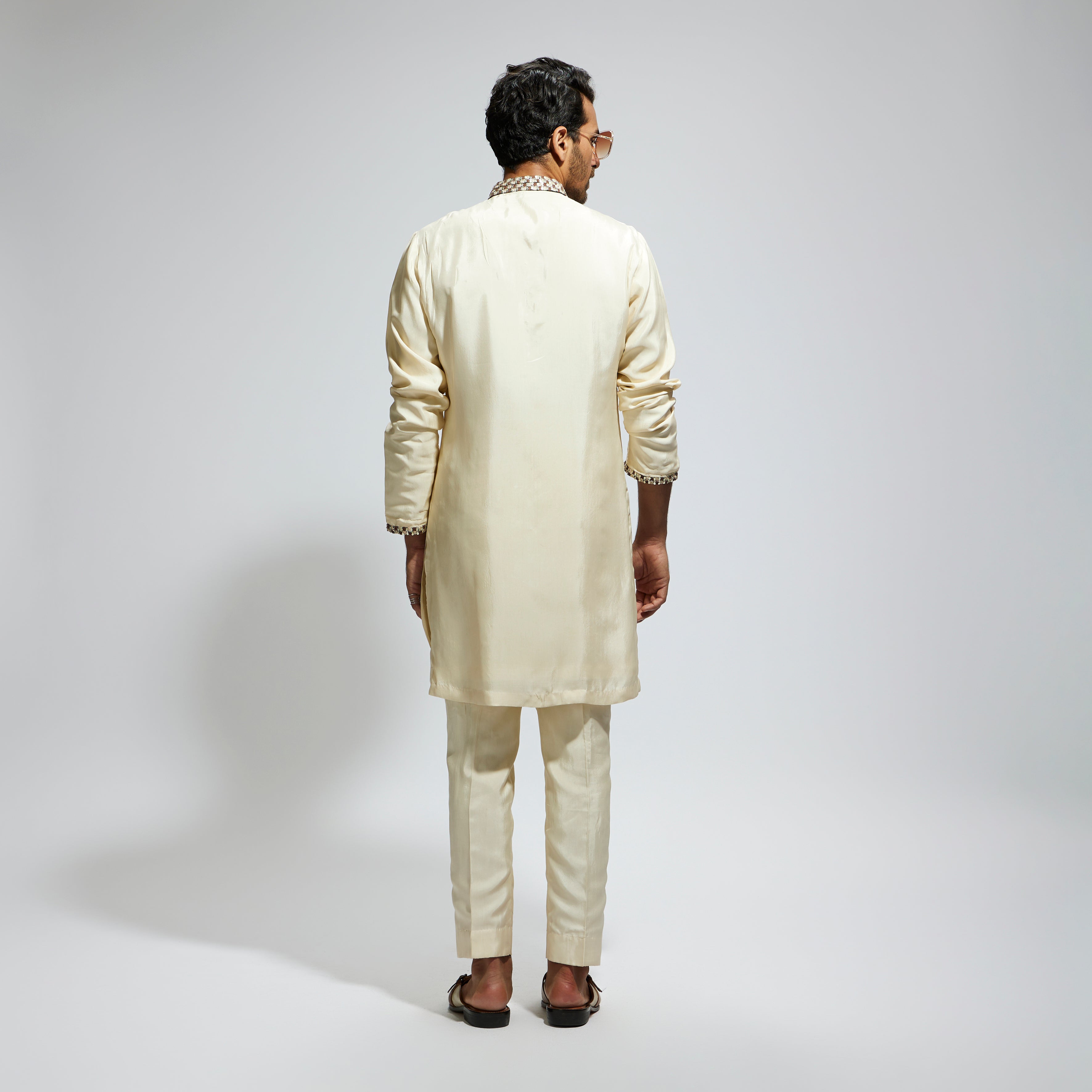 BEIGE SOLID KURTA WITH EMBELLISHED COLLAR AND KURTA PATTI