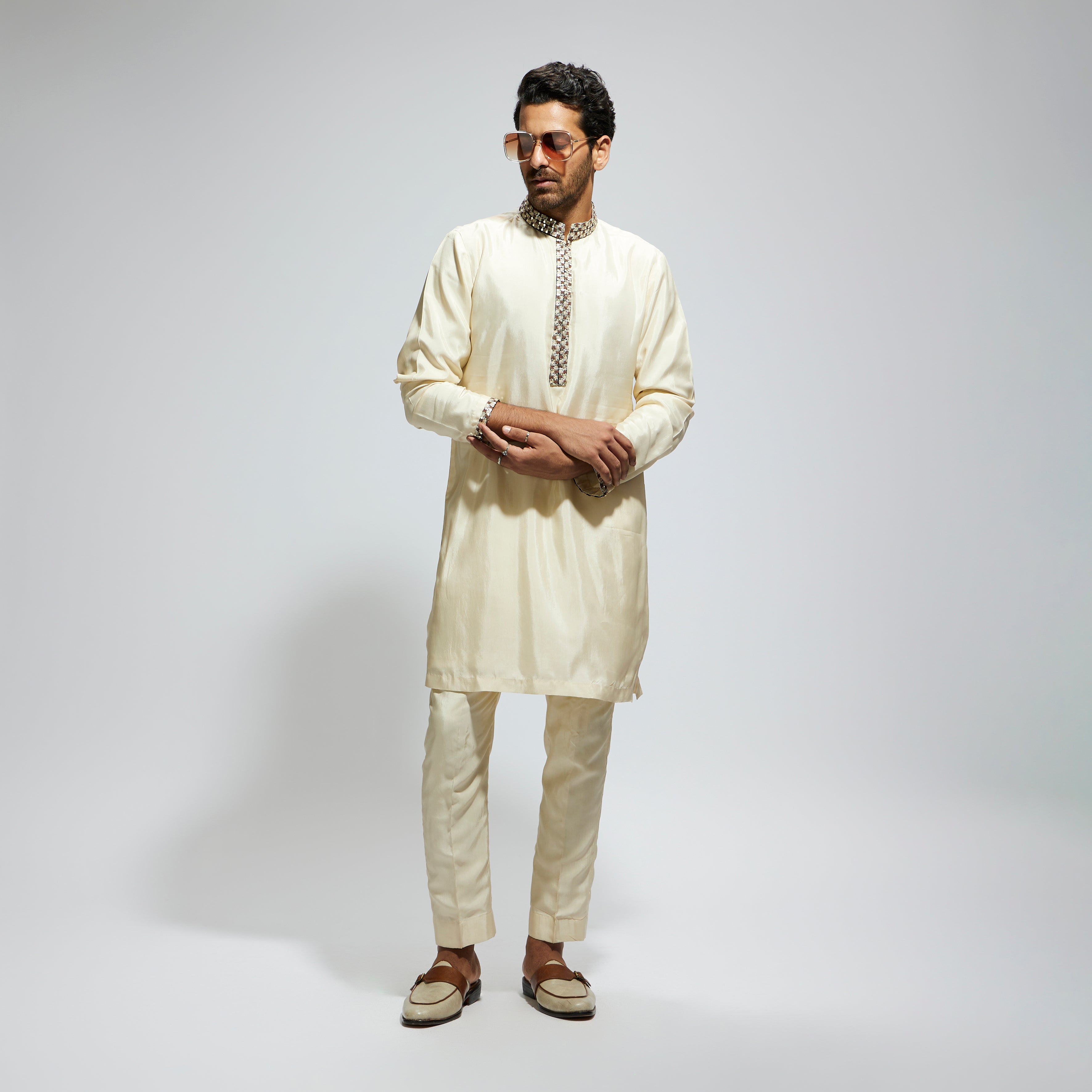 BEIGE SOLID KURTA WITH EMBELLISHED COLLAR AND KURTA PATTI