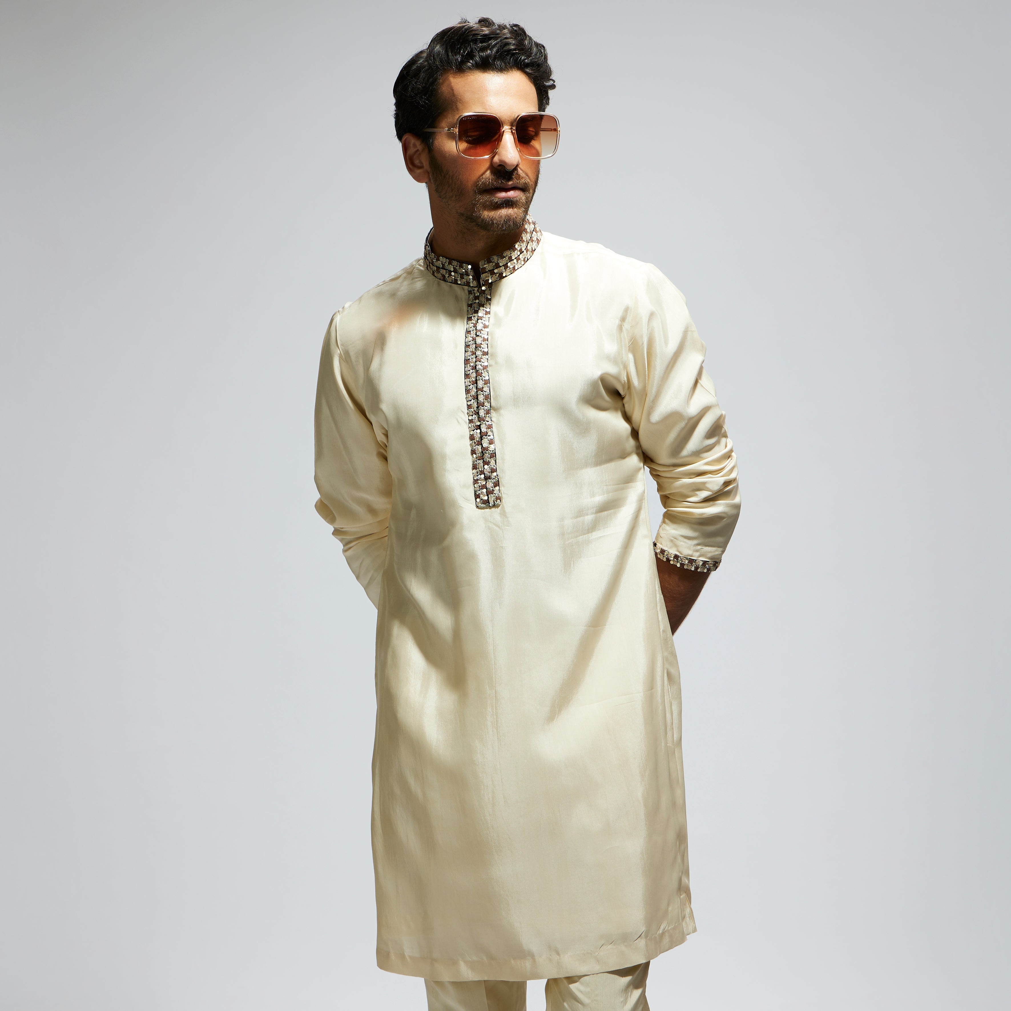 BEIGE SOLID KURTA WITH EMBELLISHED COLLAR AND KURTA PATTI