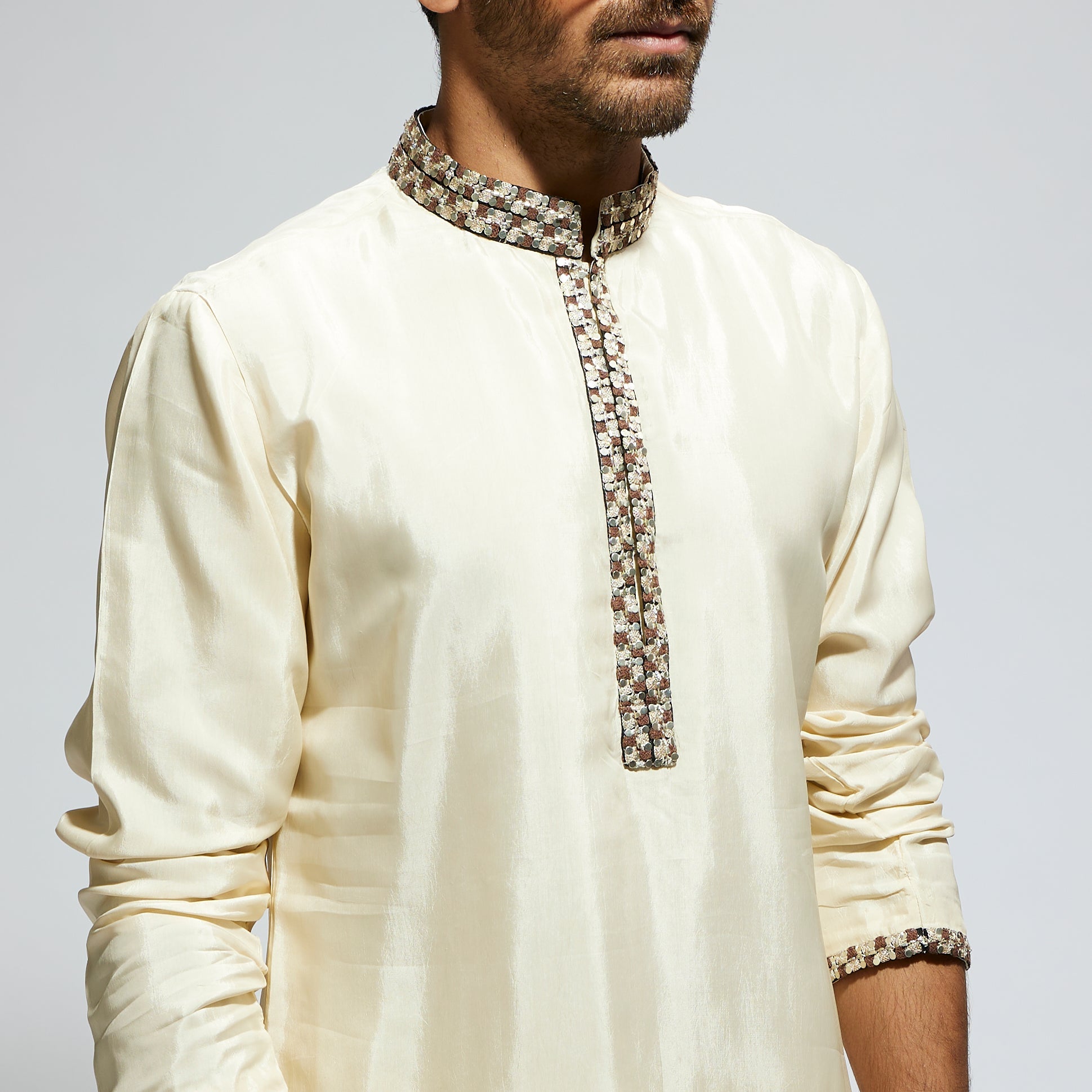 BEIGE SOLID KURTA WITH EMBELLISHED COLLAR AND KURTA PATTI