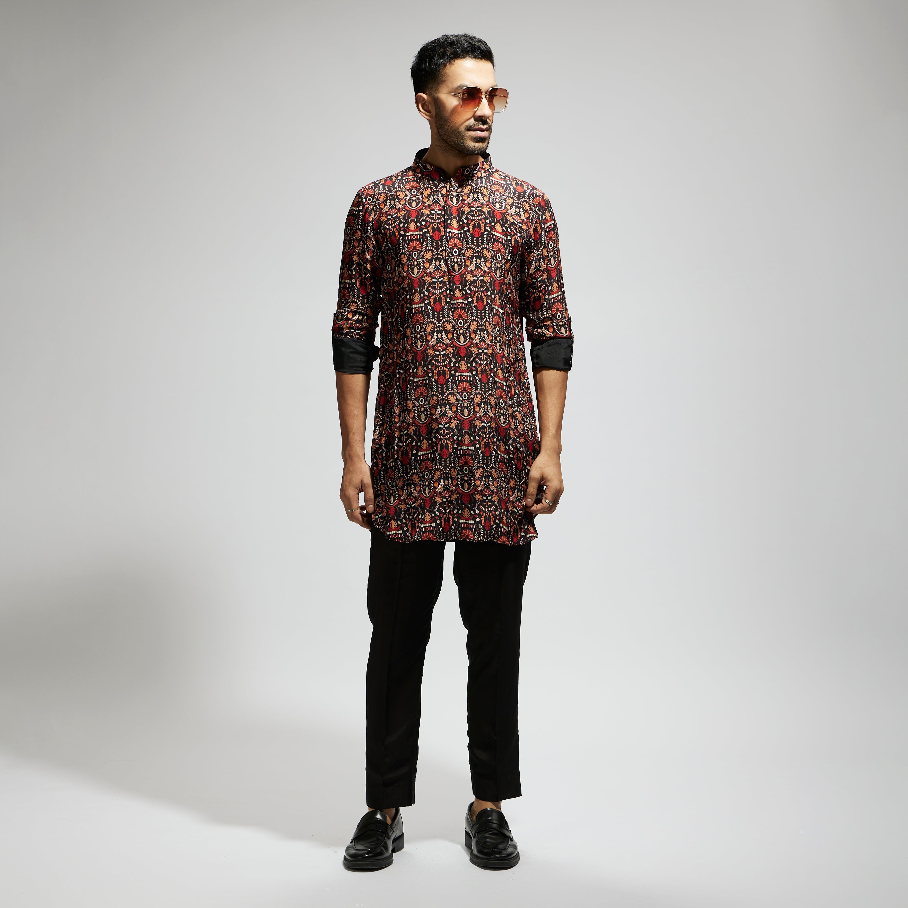 SAMSARA: BLACK LEAF JAAL PRINT ROLLED UP SLEEVES KURTA