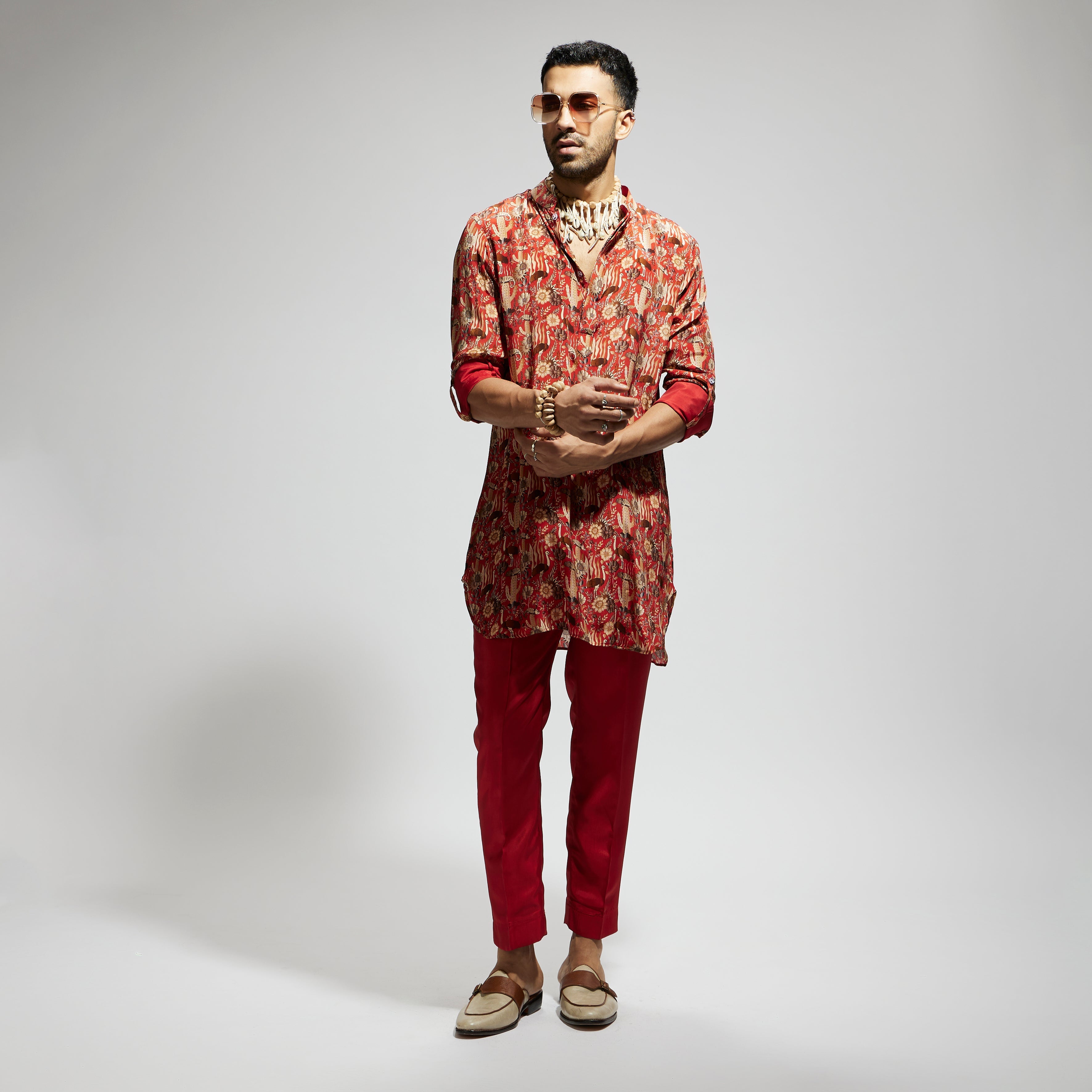 SAMSARA: ORANGE JAAL ROLLED UP SLEEVES KURTA