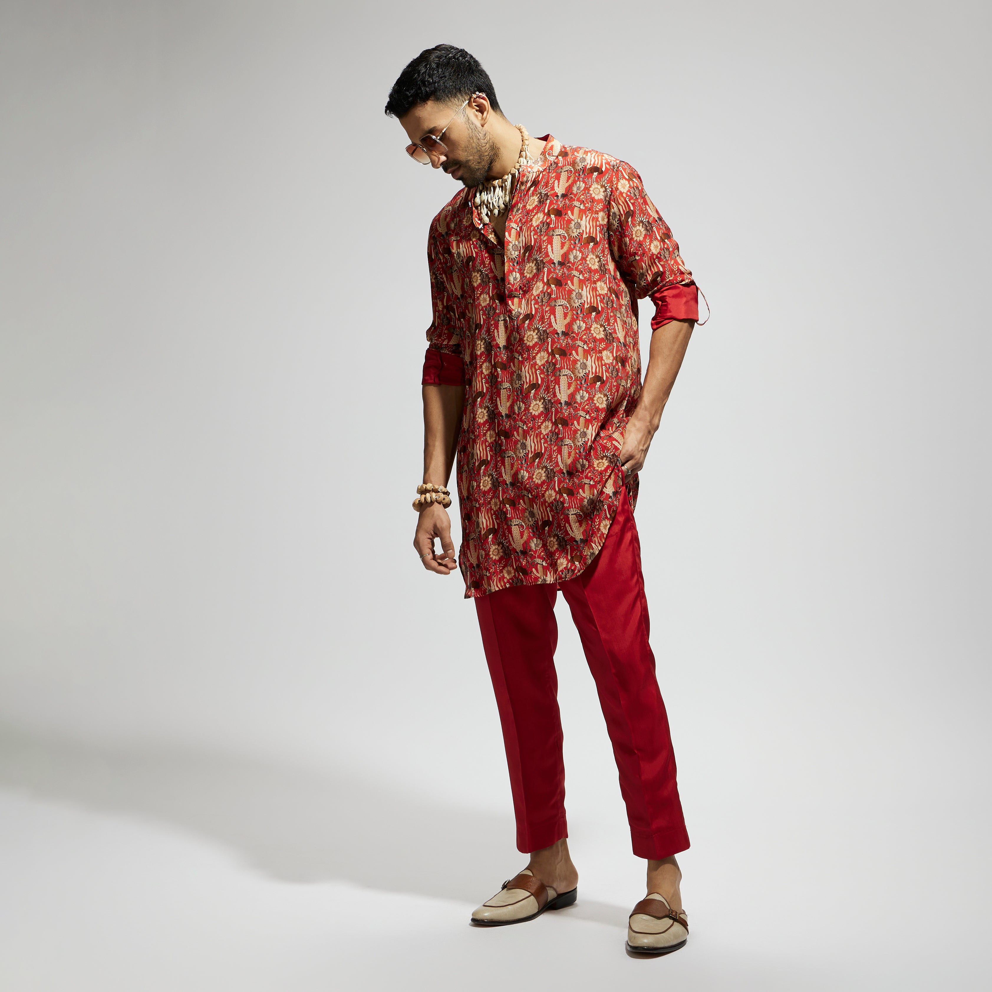 SAMSARA: ORANGE JAAL ROLLED UP SLEEVES KURTA