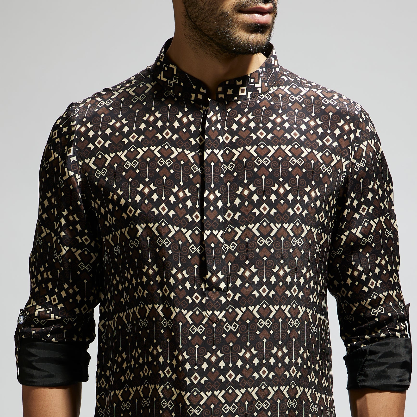 BLACK GEO PRINT ROLLED UP SLEEVES KURTA