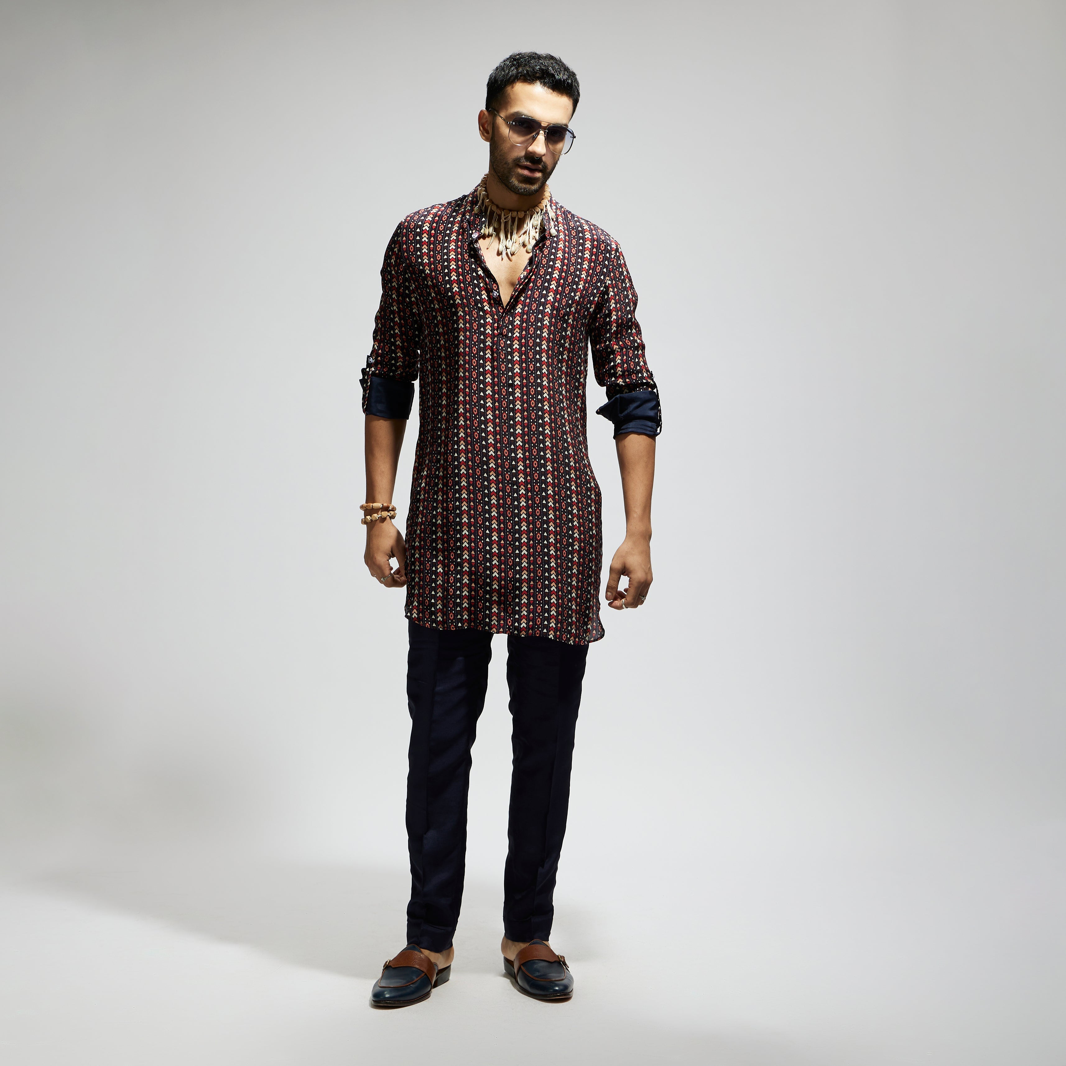 SAMSARA: BLUE BOHO PRINT ROLLED UP SLEEVES KURTA