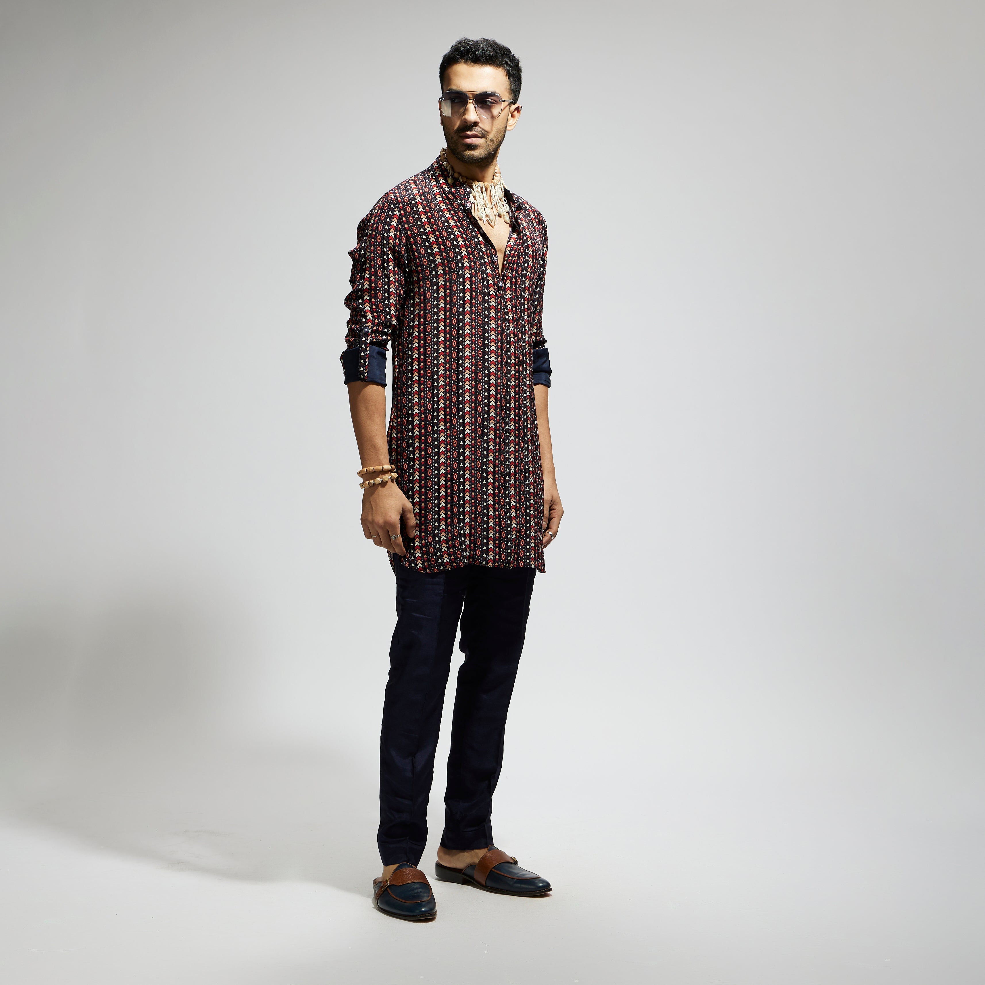 BLUE BOHO PRINT ROLLED UP SLEEVES KURTA