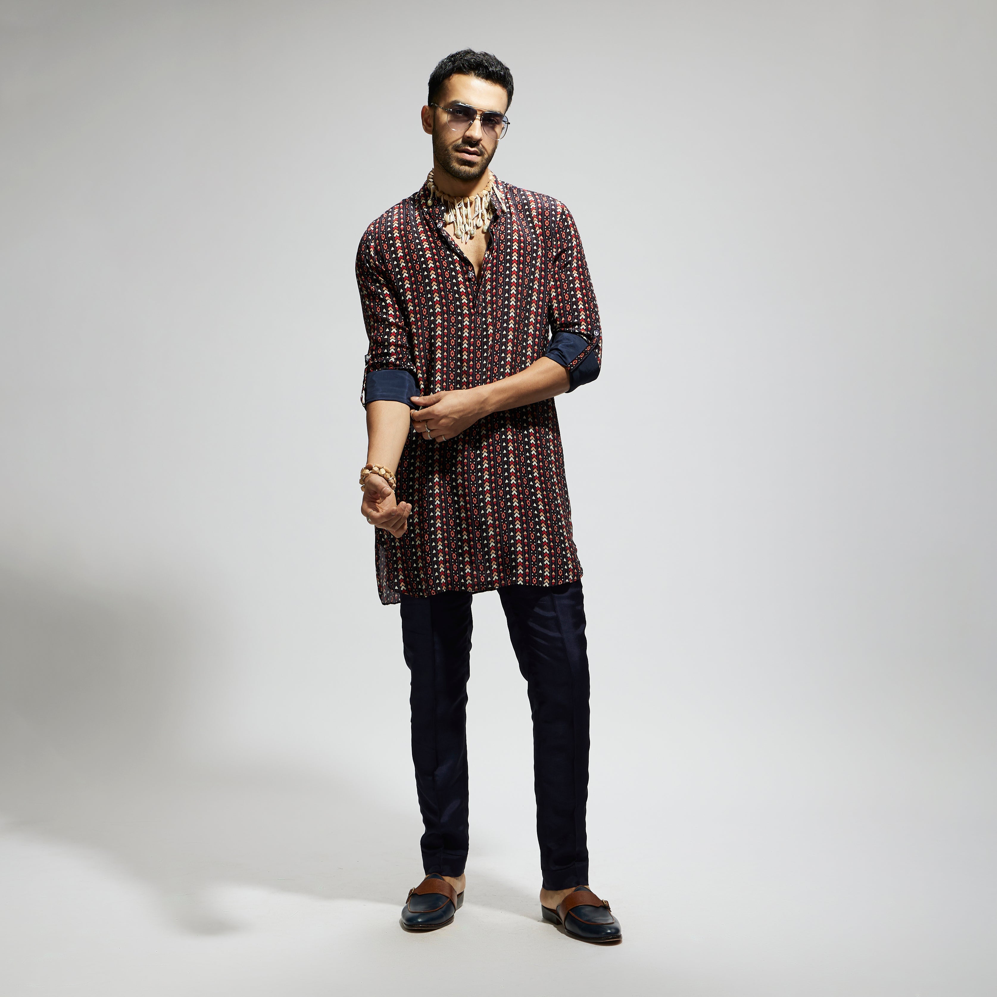 BLUE BOHO PRINT ROLLED UP SLEEVES KURTA