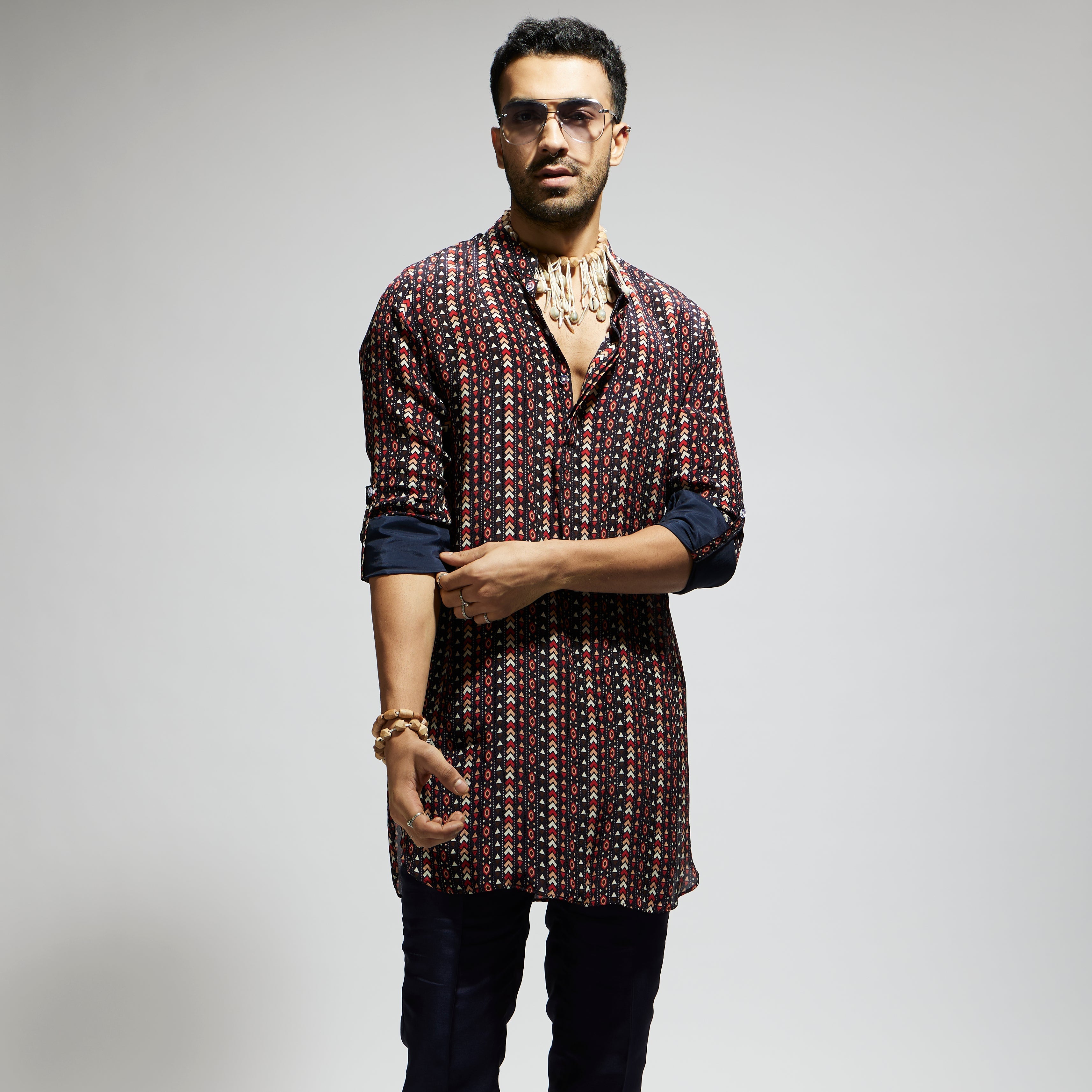 SAMSARA: BLUE BOHO PRINT ROLLED UP SLEEVES KURTA