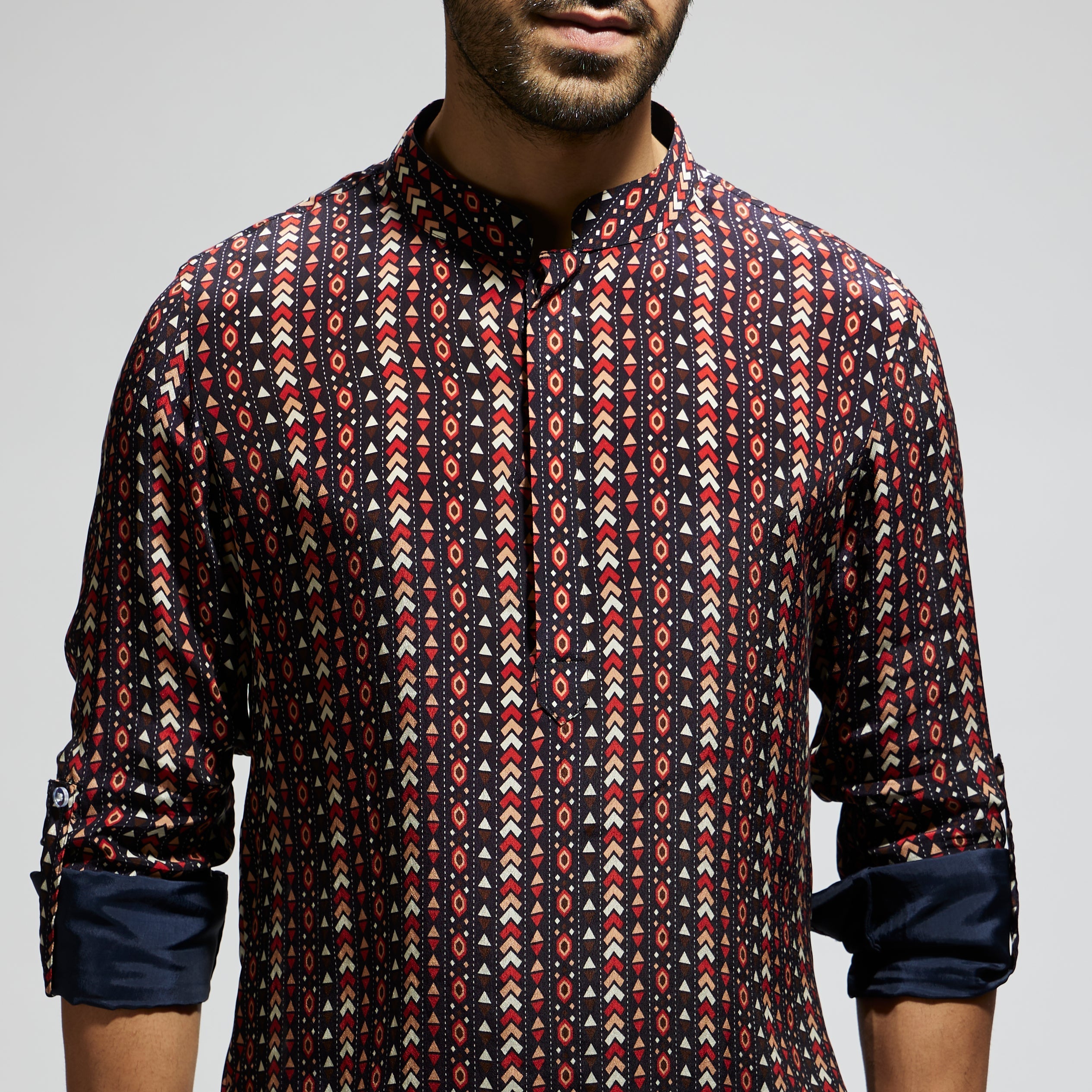 SAMSARA: BLUE BOHO PRINT ROLLED UP SLEEVES KURTA