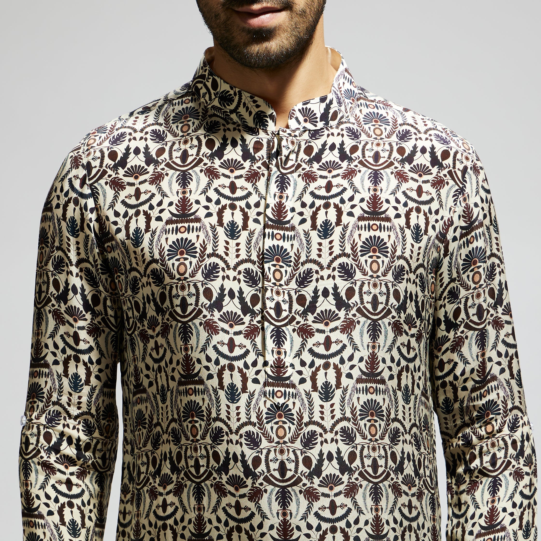 WHITE LEAF JAAL PRINT ROLLED UP SLEEVES KURTA