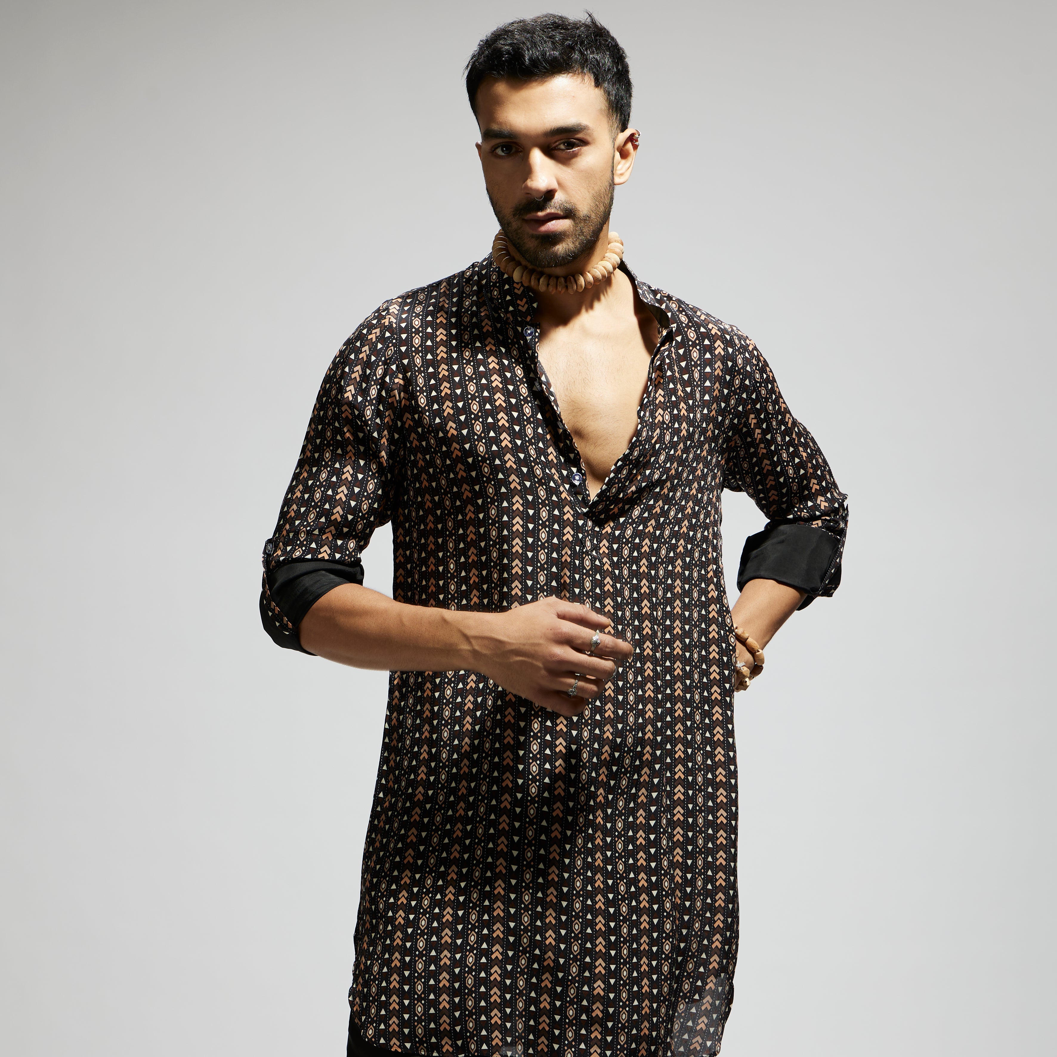 BLACK BOHO PRINT ROLLED UP SLEEVES KURTA