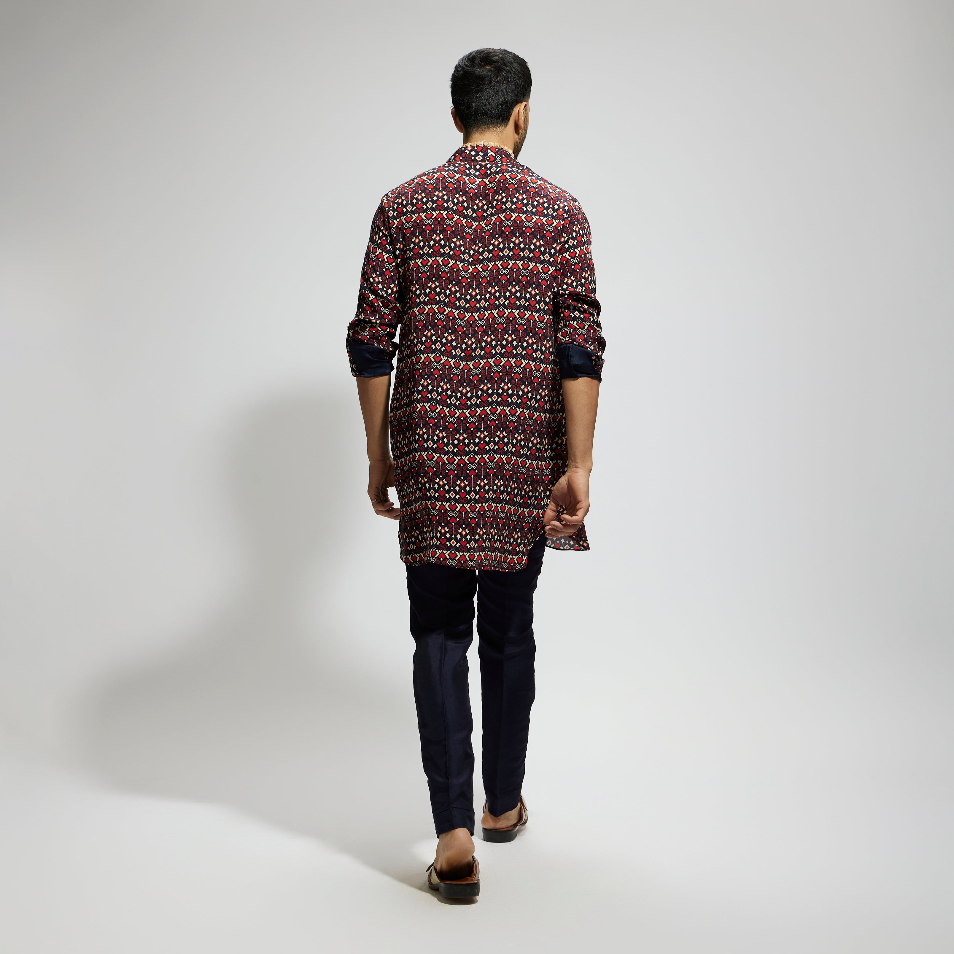 BLUE GEO PRINT ROLLED UP SLEEVES KURTA