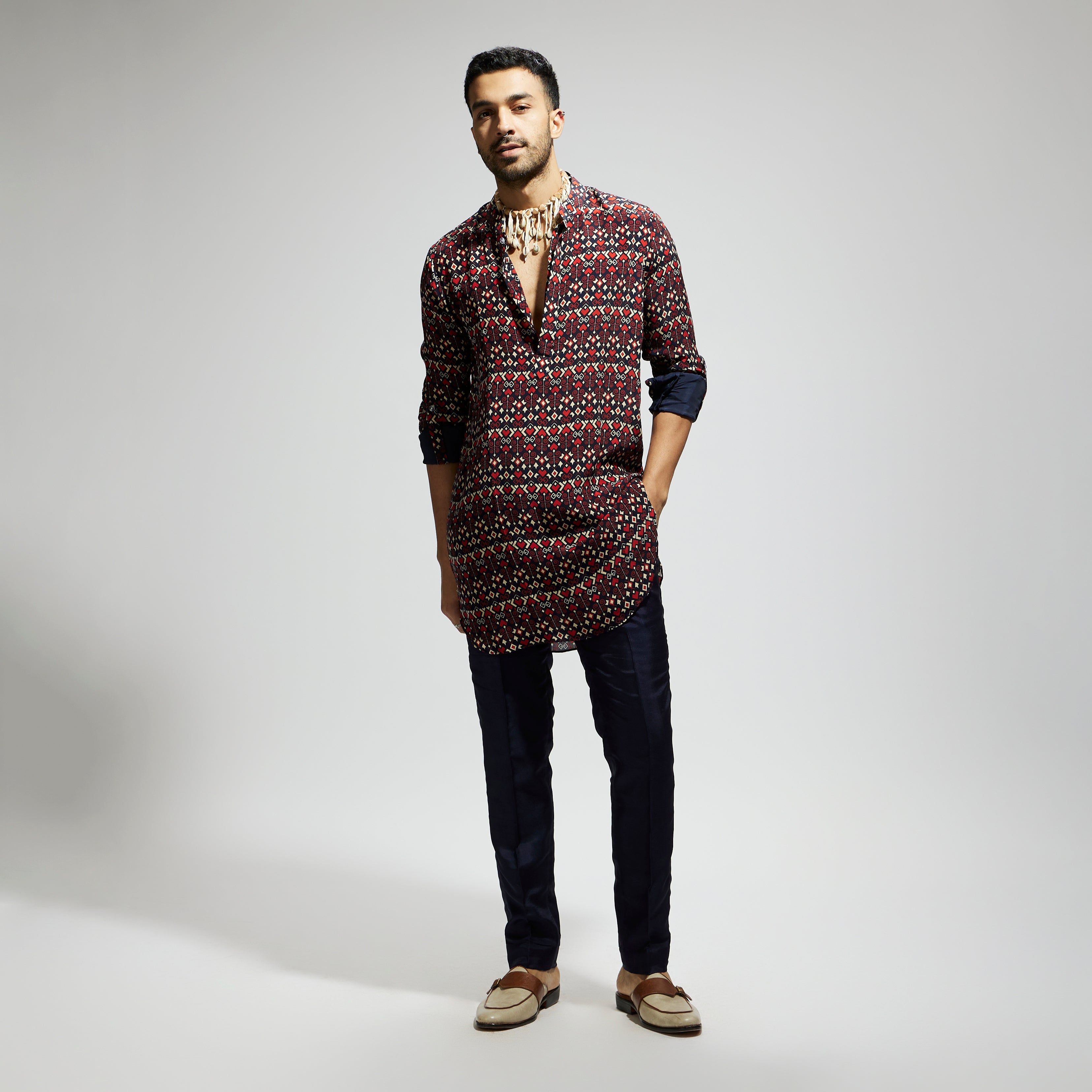 BLUE GEO PRINT ROLLED UP SLEEVES KURTA