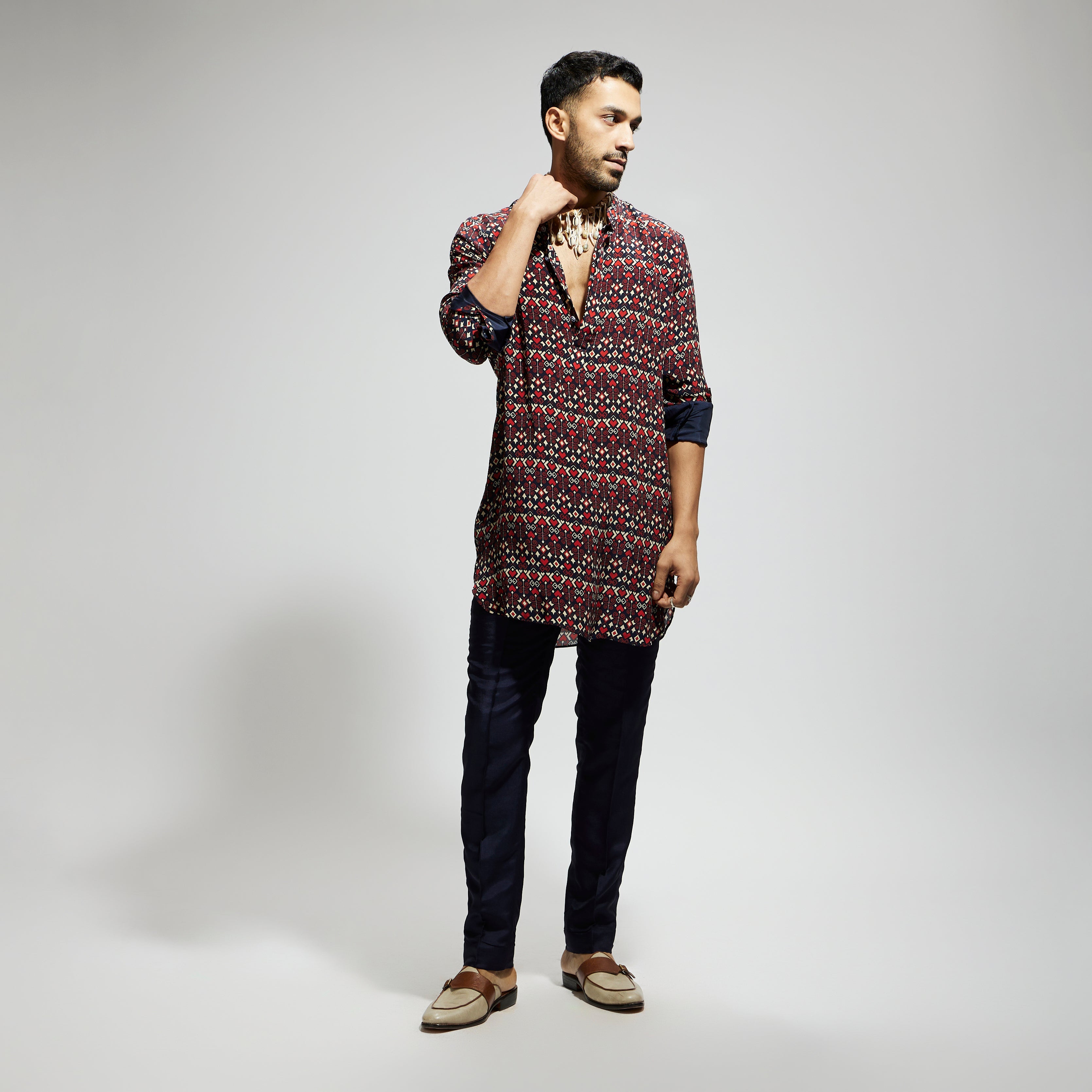 BLUE GEO PRINT ROLLED UP SLEEVES KURTA