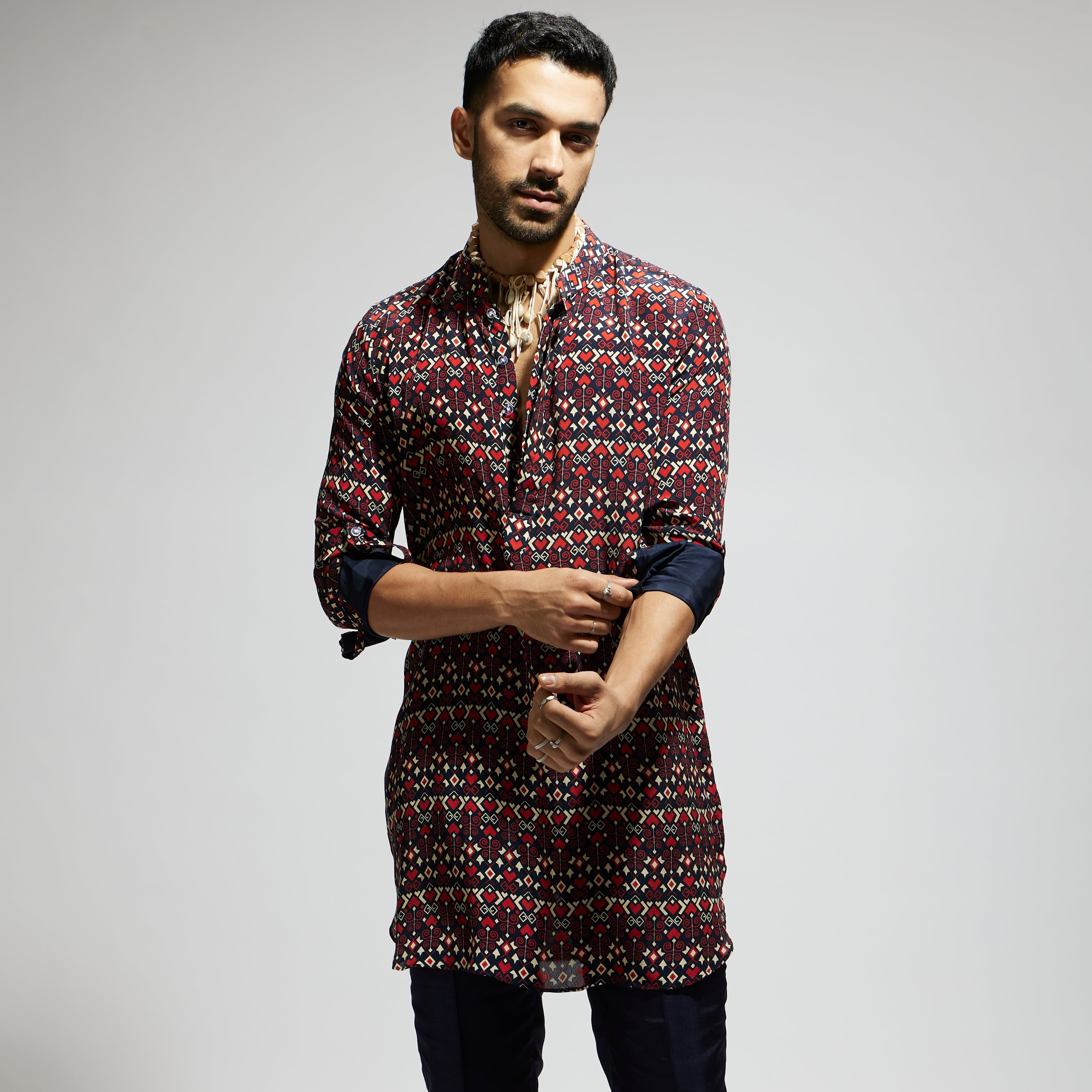 BLUE GEO PRINT ROLLED UP SLEEVES KURTA