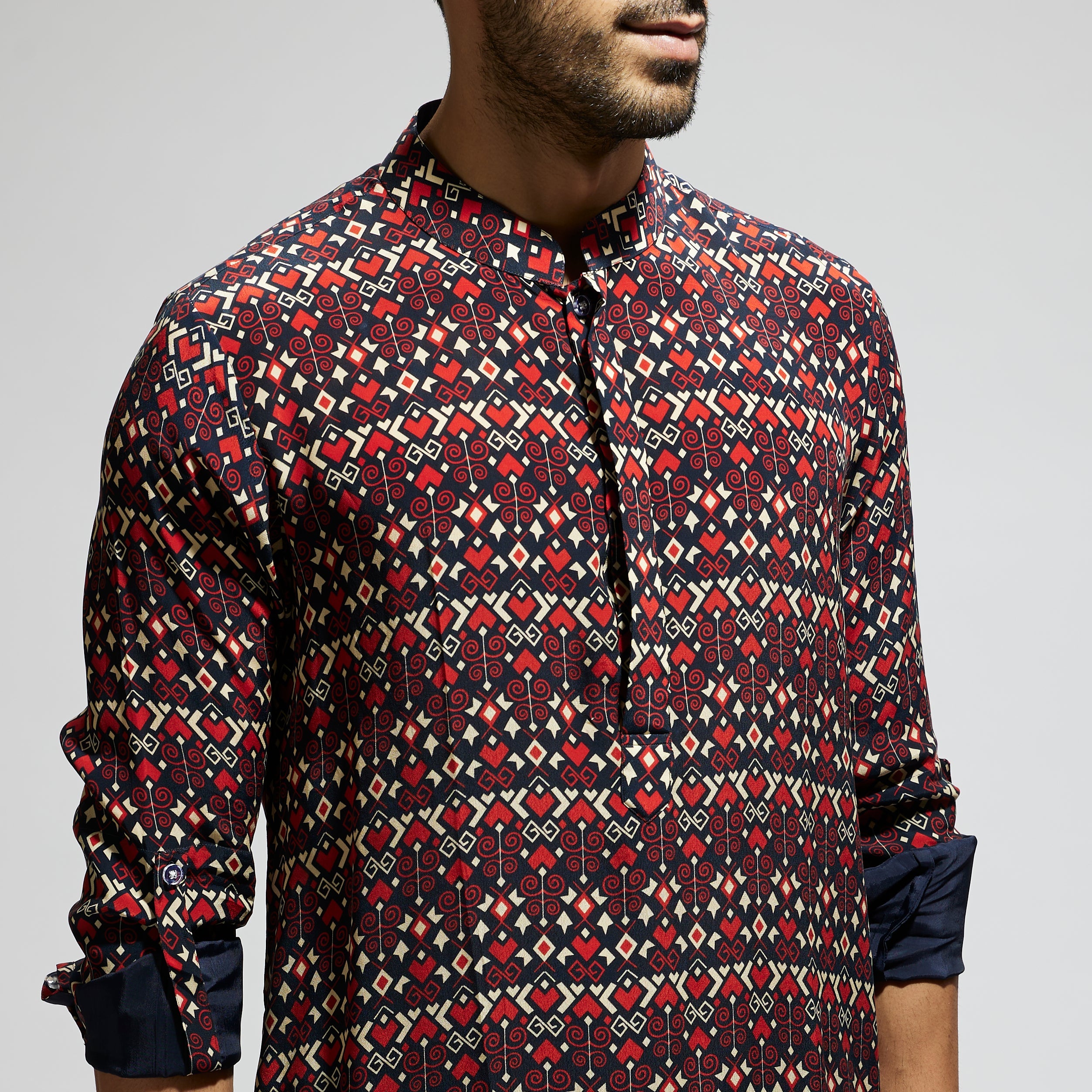 BLUE GEO PRINT ROLLED UP SLEEVES KURTA