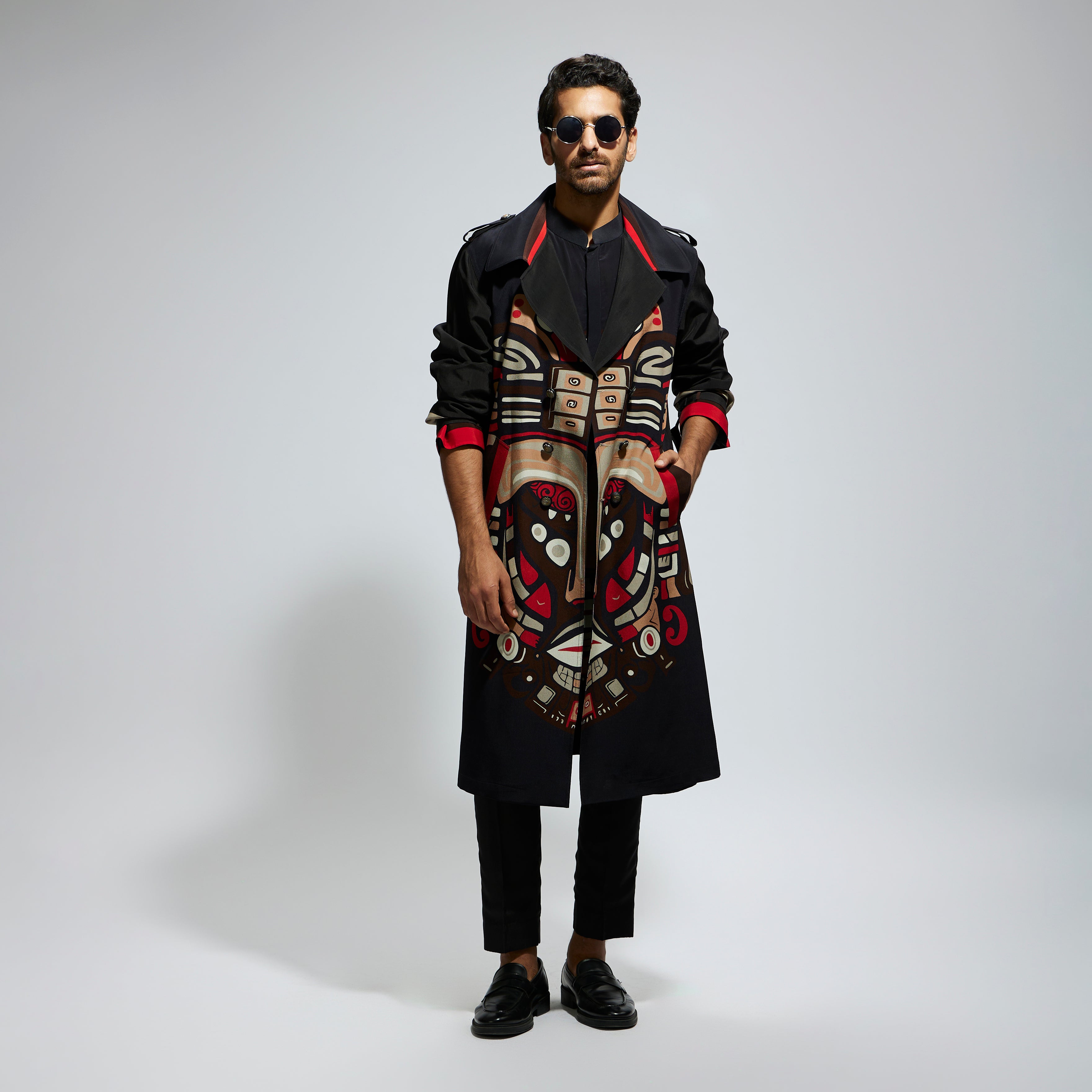 BLACK MASK PRINT TRENCHCOAT