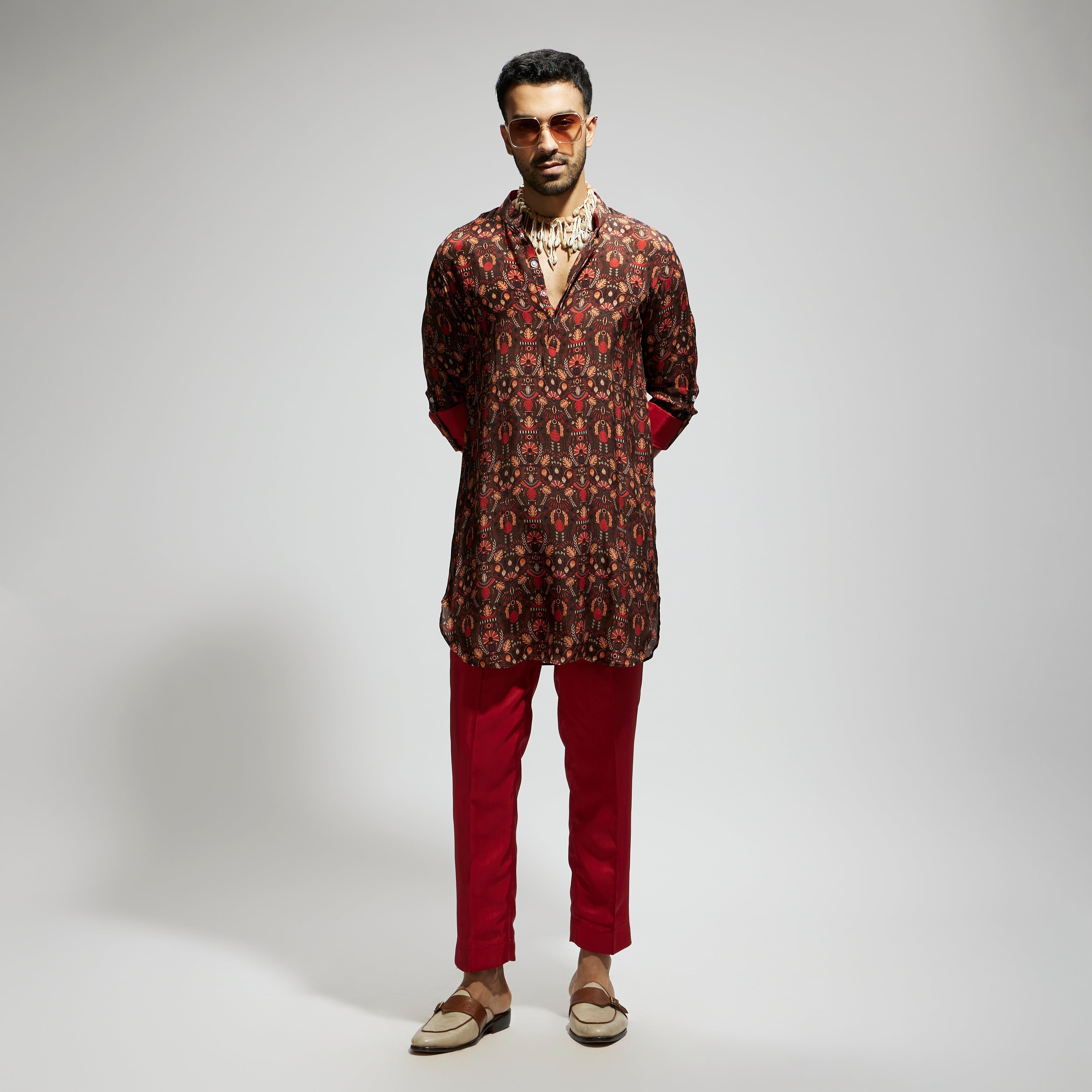 SAMSARA: GREY JAAL PRINT ROLLED UP SLEEVES KURTA